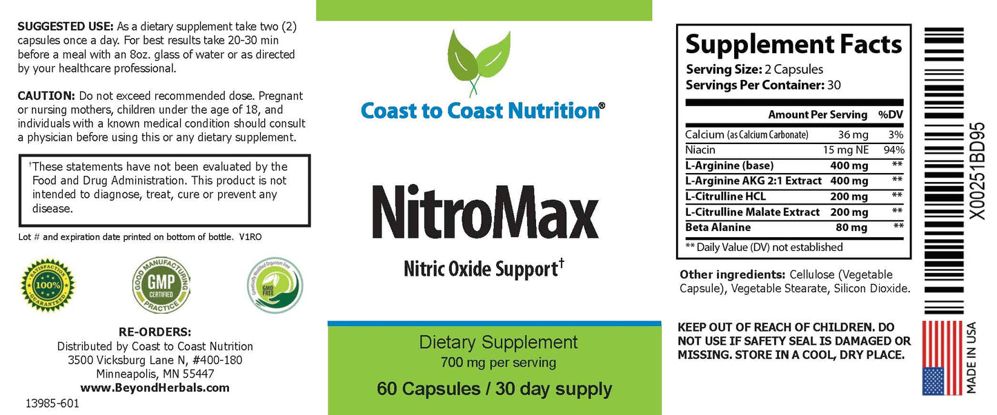 Coast to Coast Nutrition NitroMax Performance Formula L-Arginine Nitric Oxide Supplement, 60 Capsules