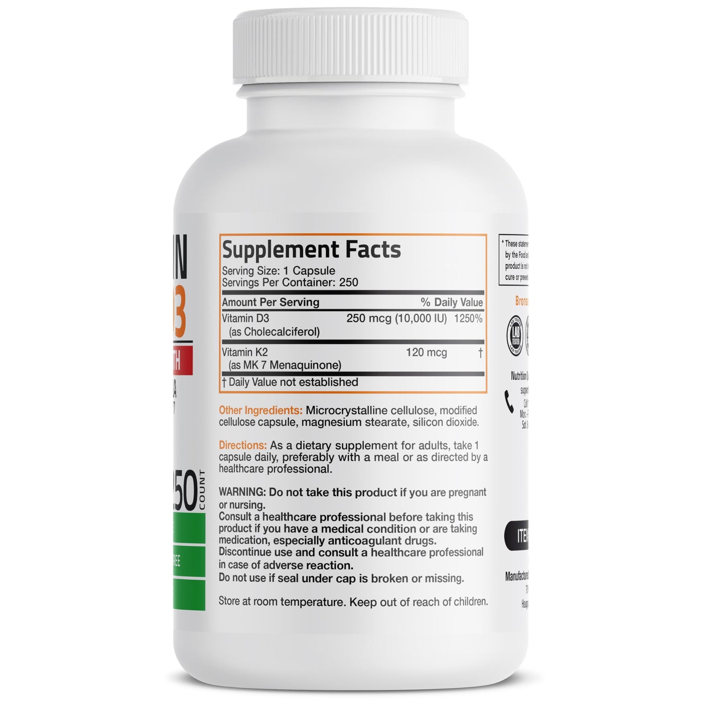 Bronson Vitamin K2 (MK7) with D3 Extra Strength Capsules, 250 Count