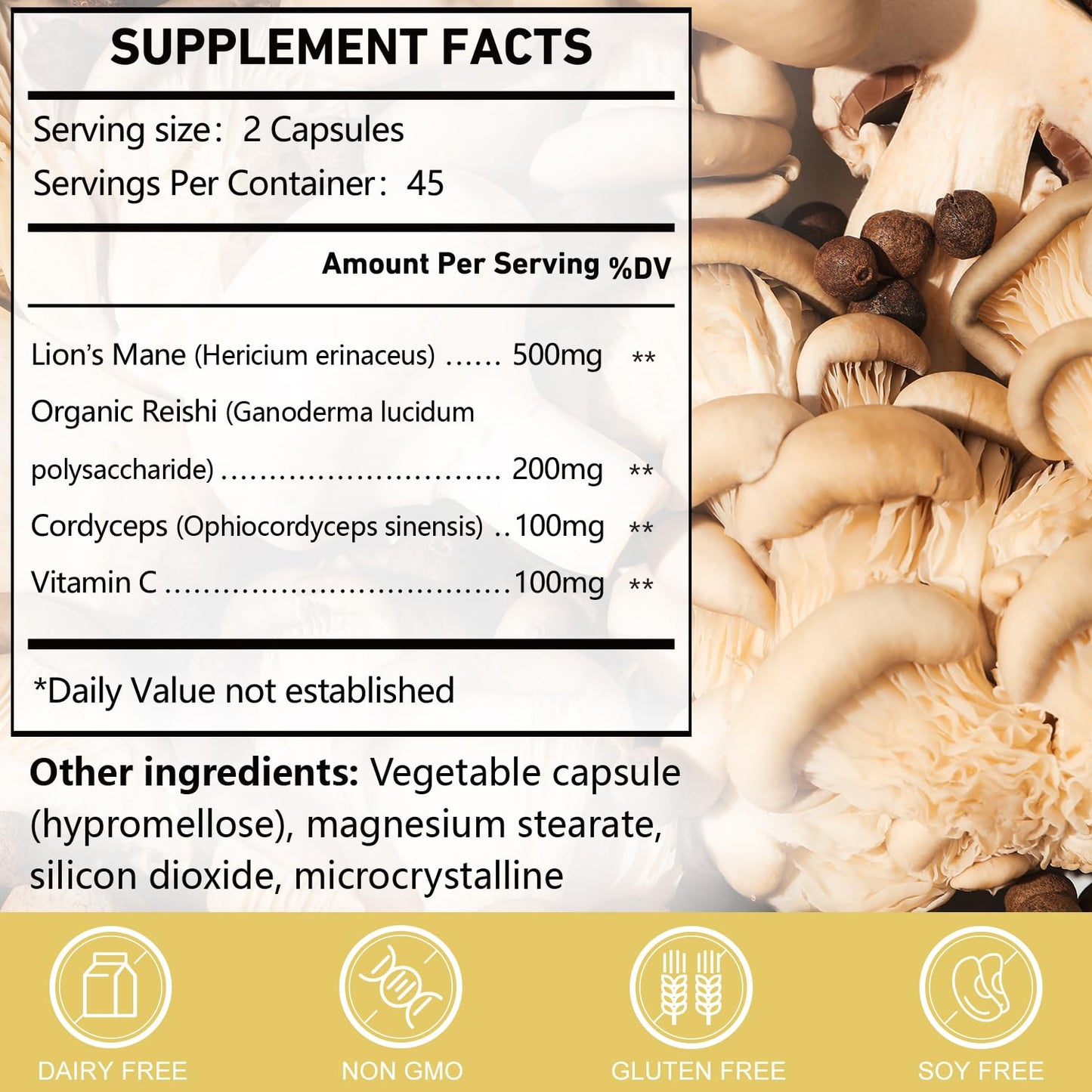 CANLIST Organic Mushroom Complex with Lion's Mane, Cordyceps, Reishi, 90 Capsules