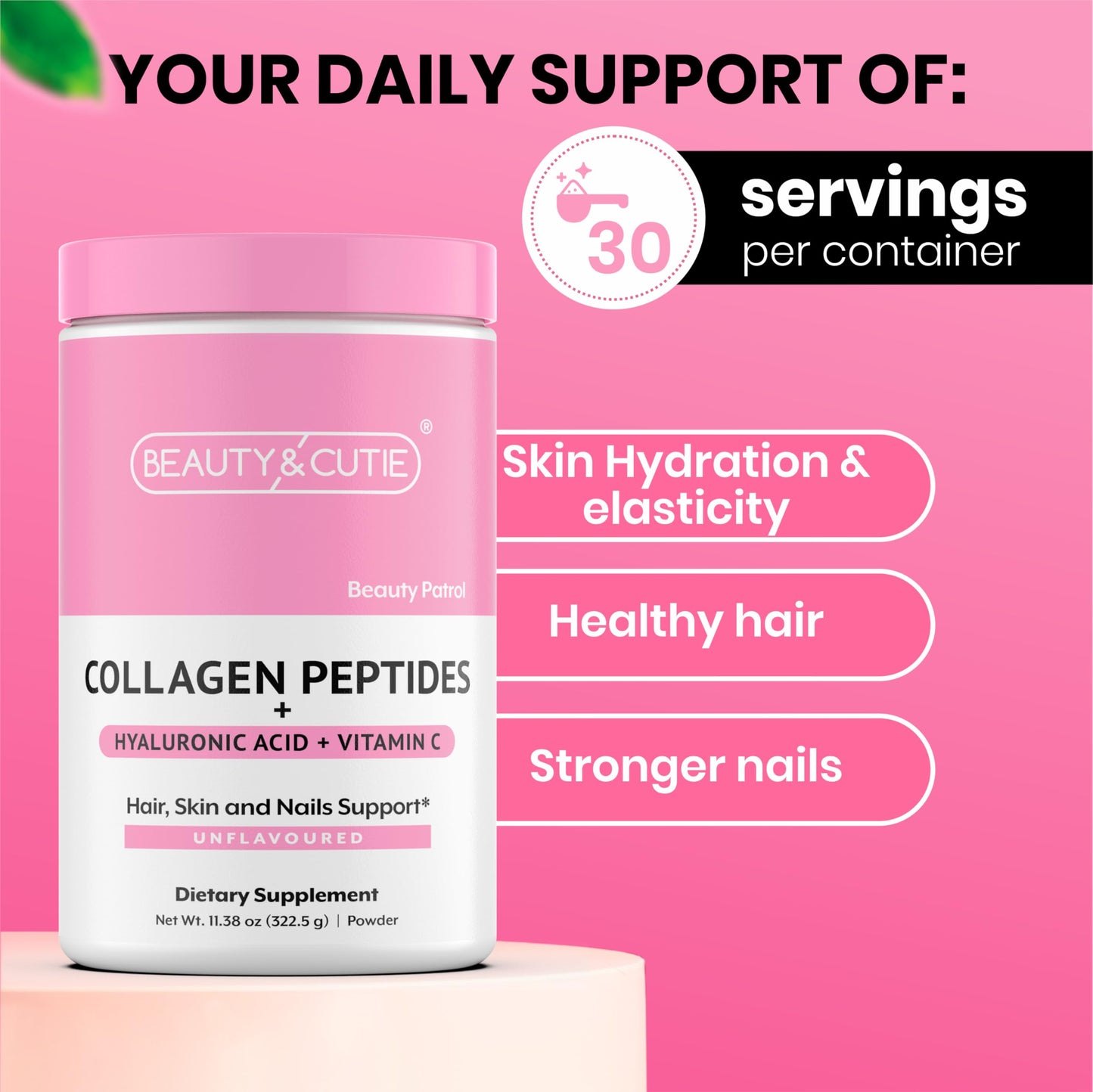 BEAUTY AND CUTIE Collagen Peptides 10g with Hyaluronic Acid 120 mg and Vitamin C Powder, Hair, Skin and Nails Support, Grass Fed, Unflavored, 11.38 oz
