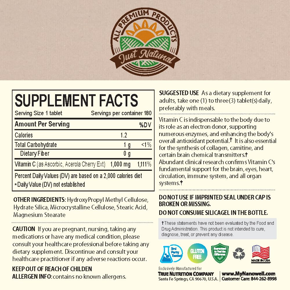 NANOWELL Acerola Cherry Vitamin C 1000mg Tablets, 720 Count