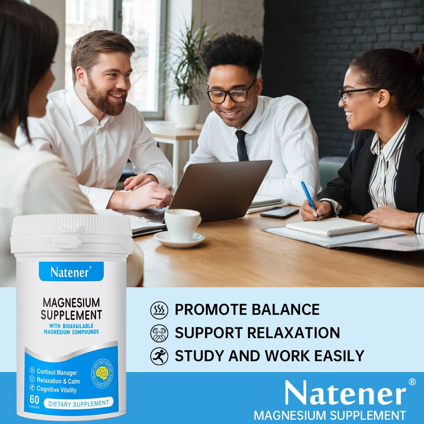 Natener Quad Magnesium with Alpha GPC, Ashwagandha & L-Theanine, Magnesium Glycinate/Threonate/Citrate/Malate, 60 Capsules