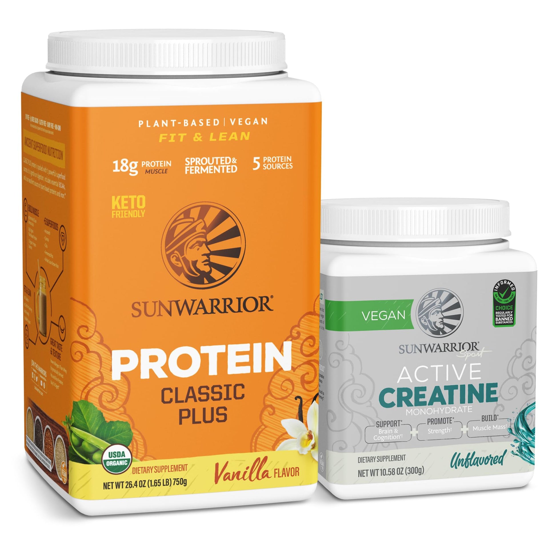 Sunwarrior Creatine Powder & Vanilla Classic Plus Organic Protein Powder Set, 60 Servings Unflavored, 30 Servings Vanilla