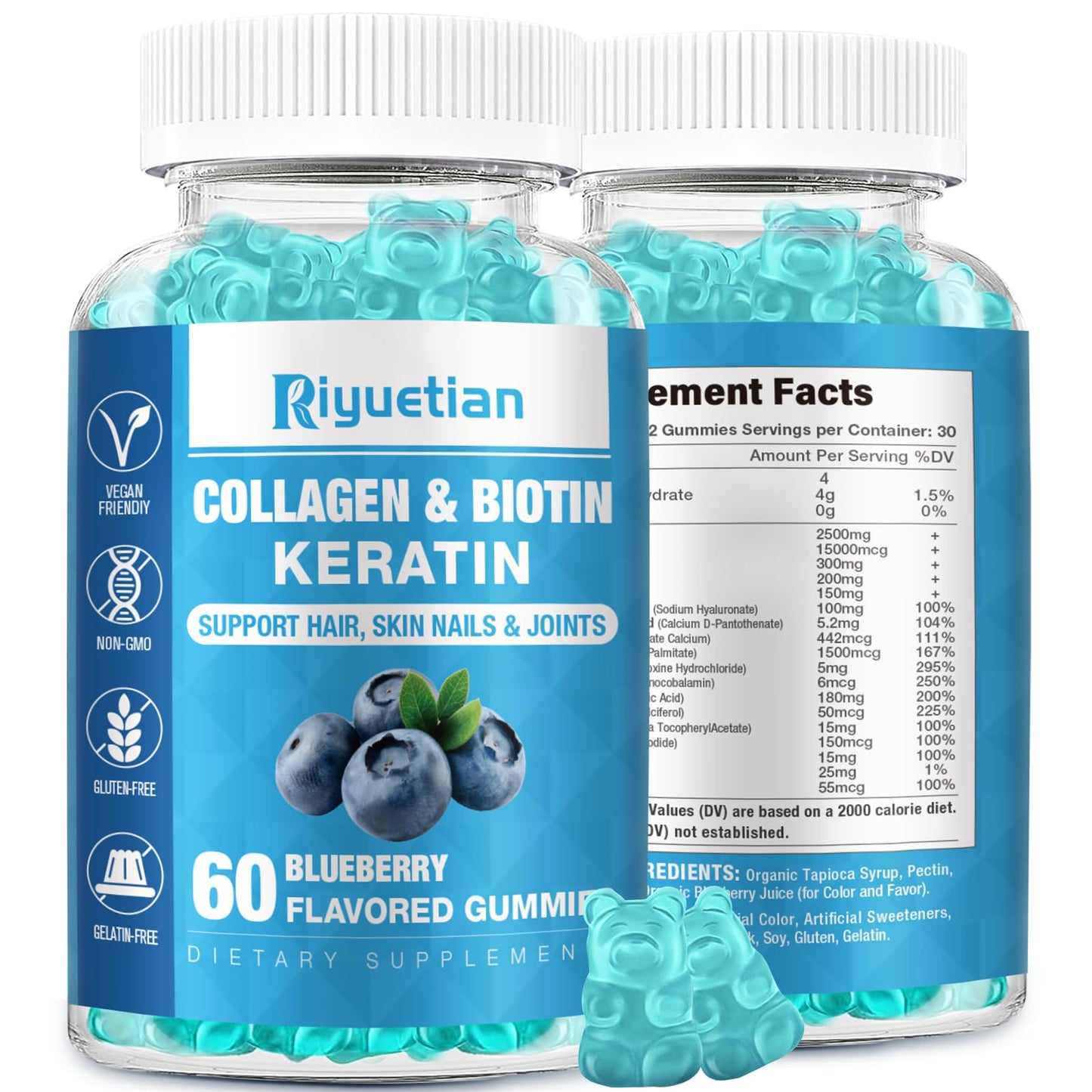 Riyuetian Biotin Gummies 15000mcg with Collagen for Adults, 60 Count