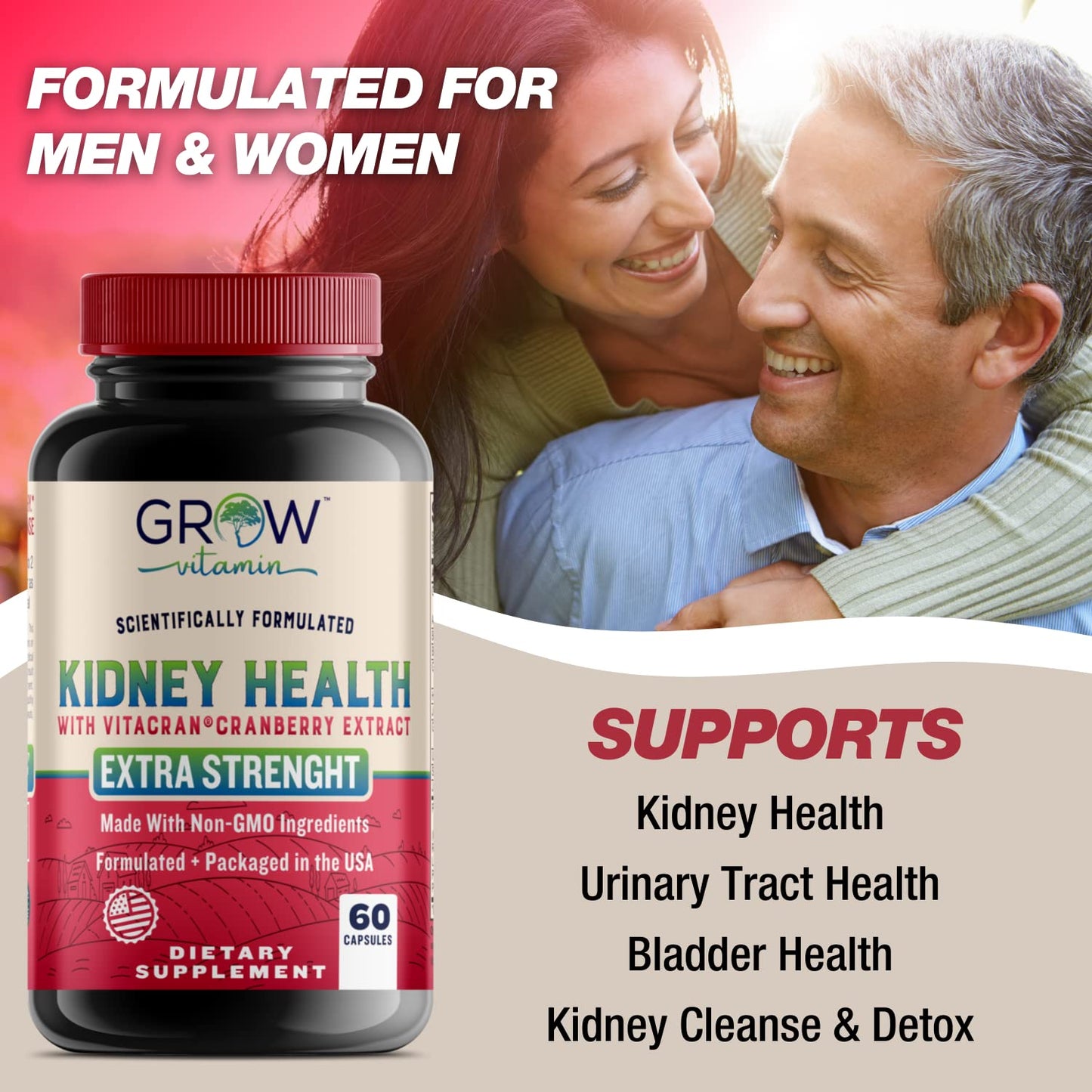 Grow Vitamin Premium Kidney Cleanse Supplement – Powerful Kidney Support Formula with Cranberry Extract Helps Support Healthy Kidneys & Urinary Tract Support, 60 Capsules