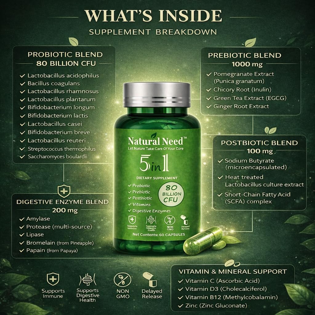 NATURAL NEED Gut Health 5-in-1 Formula with Probiotics, Prebiotics, Postbiotics, Enzymes & Vitamins Delayed Release Capsule 60 Capsules