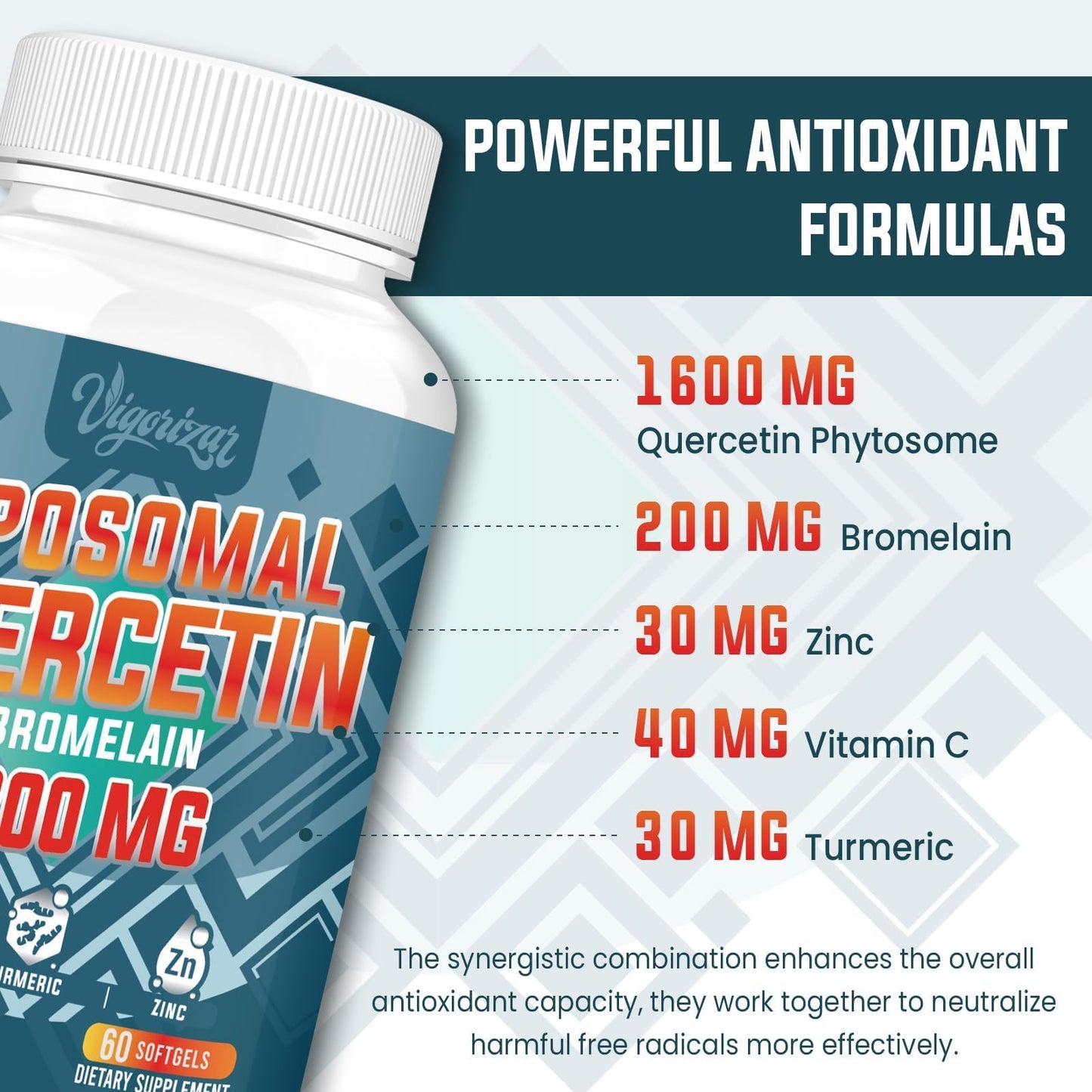 Vigorizar Liposomal Quercetin Phytosome, Quercetin with Bromelain, Zinc & Vitamin C, Bioactive Phytosome Complex, 20X Higher Absorption, 120 Softgels