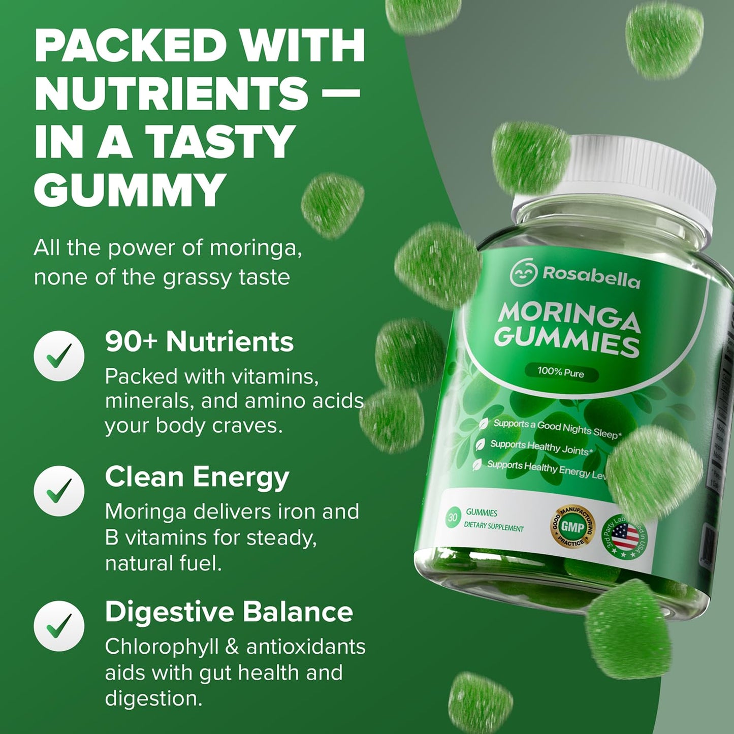 Rosabella Moringa Gummies Moringa Leaf Extract 1000mg Equivalent Per Serving, Natural Energy & Balance, Non-GMO, Gluten-Free, 30 Count