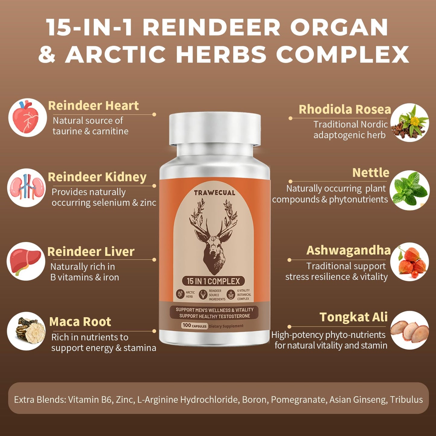Trawecual Reindeer Organ Supplement for Men, Arctic Herb & Reindeer Organ Blend, 15-in-1 Formula to Support Energy, Stamina & Daily Wellness, 100 Capsules