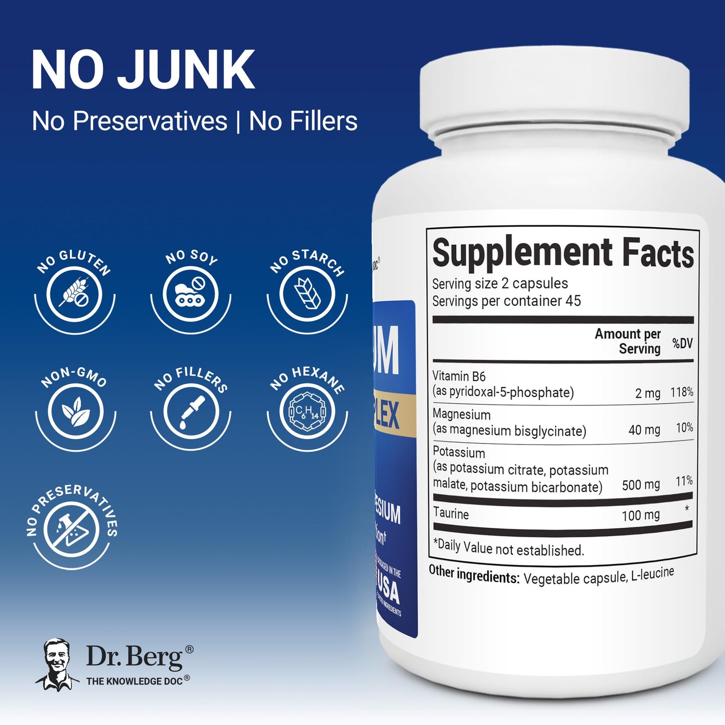 Dr. Berg Nutritionals Potassium Tri-Blend Complex 500 mg Potassium Supplement Capsules, 90 Count