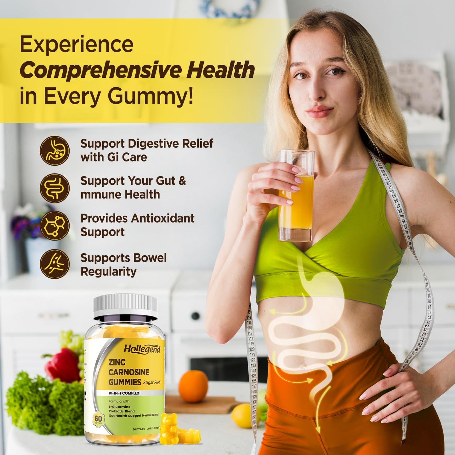 HOLLEGEND Zinc Carnosine 75mg Supplement Gummies 60 Count