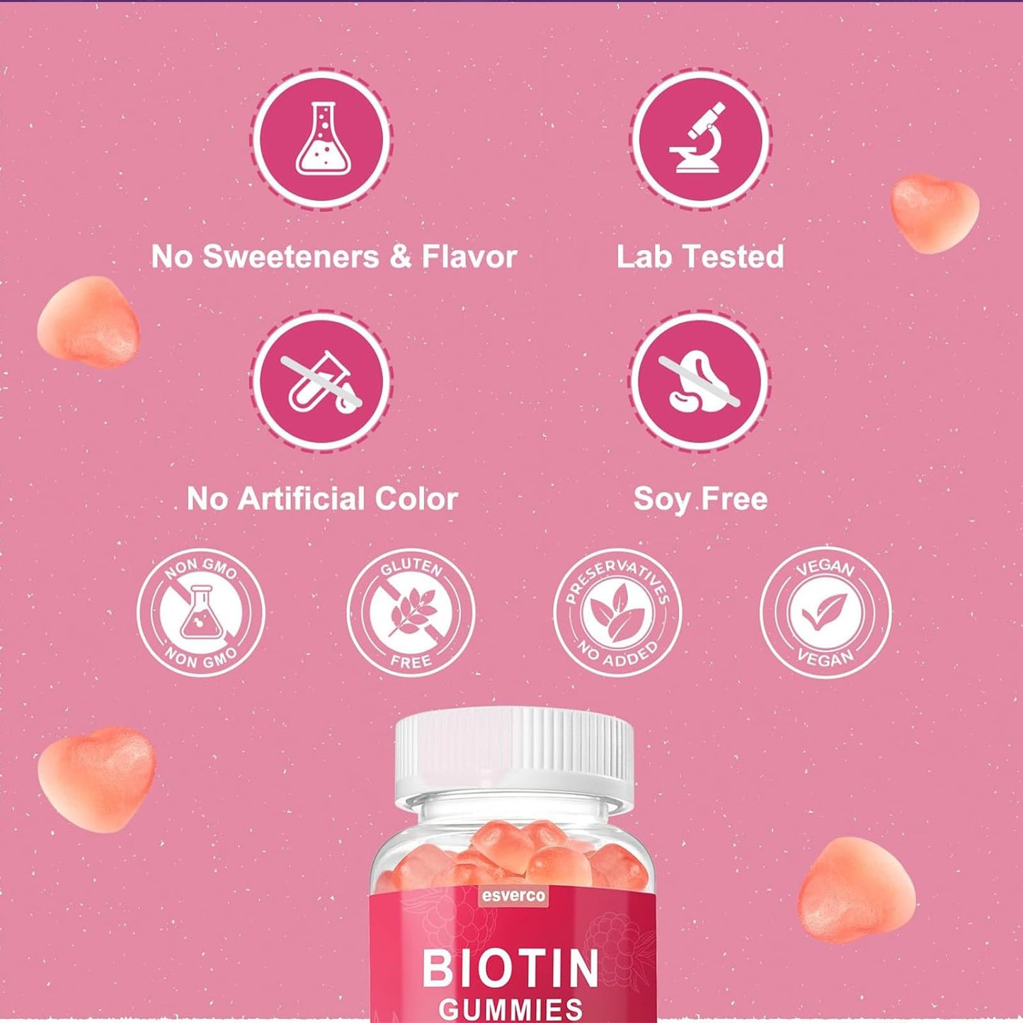 Esverco Biotin 10000mcg Keratin Collagen Gummies Hair Nail Vegan Raspberry 60 Count