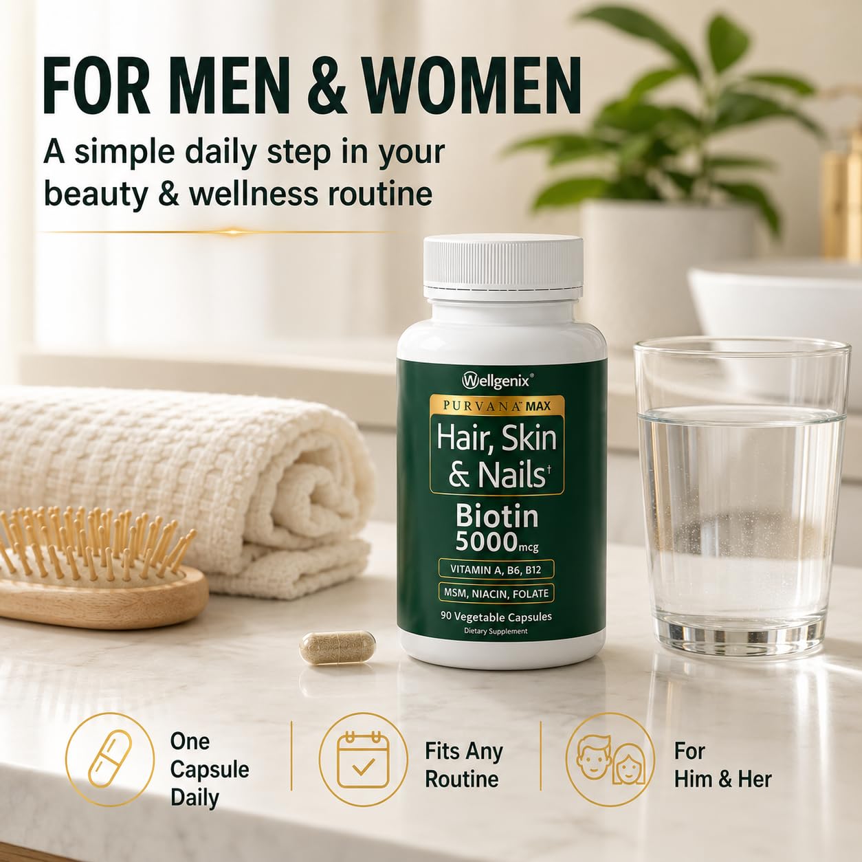 Wellgenix Purvana MAX Hair Skin & Nails Vitamins Biotin 5000mcg Capsule, 90 Count