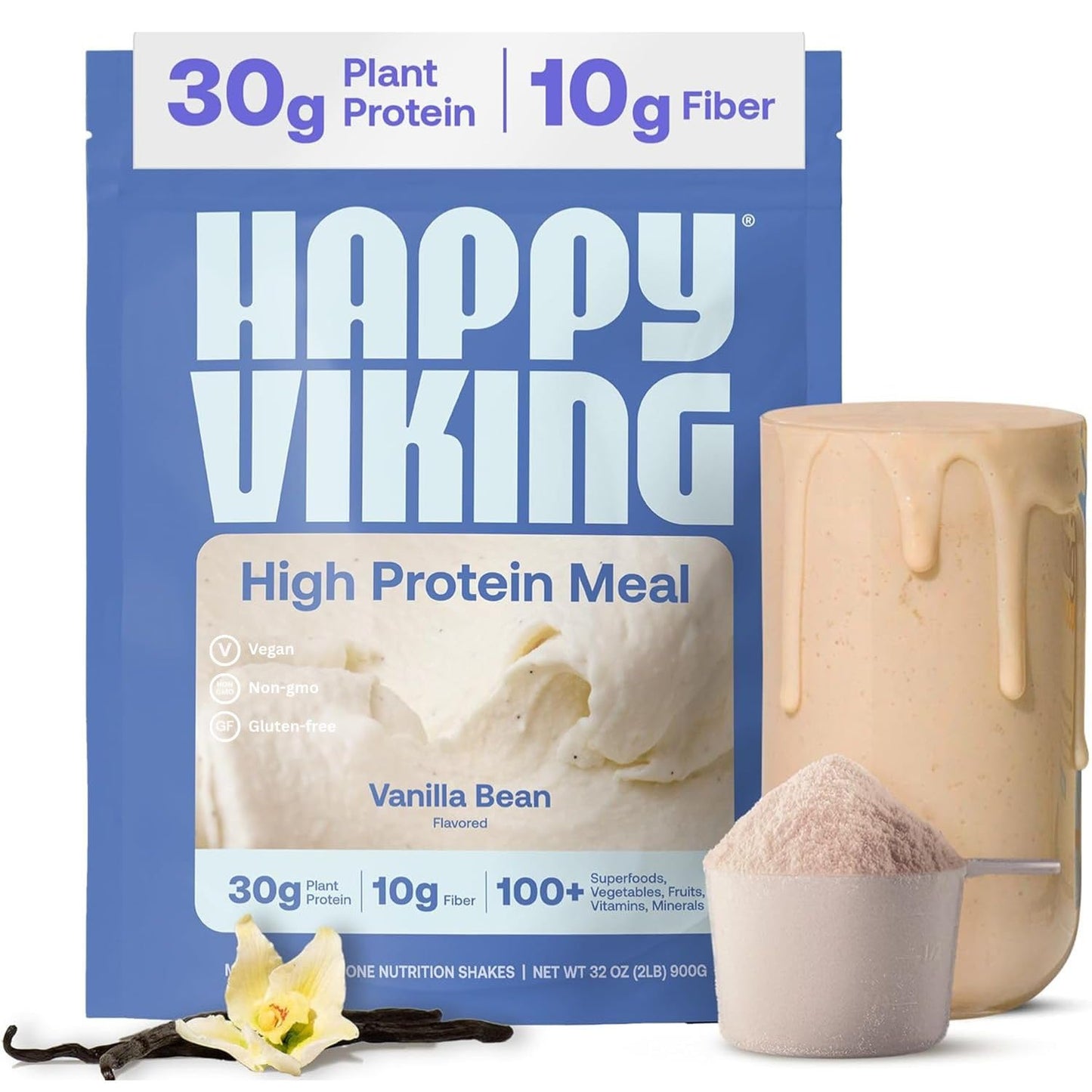 Happy Viking Plant-Based Vegan Protein Powder +100 Superfoods - Vanilla 33.6 oz