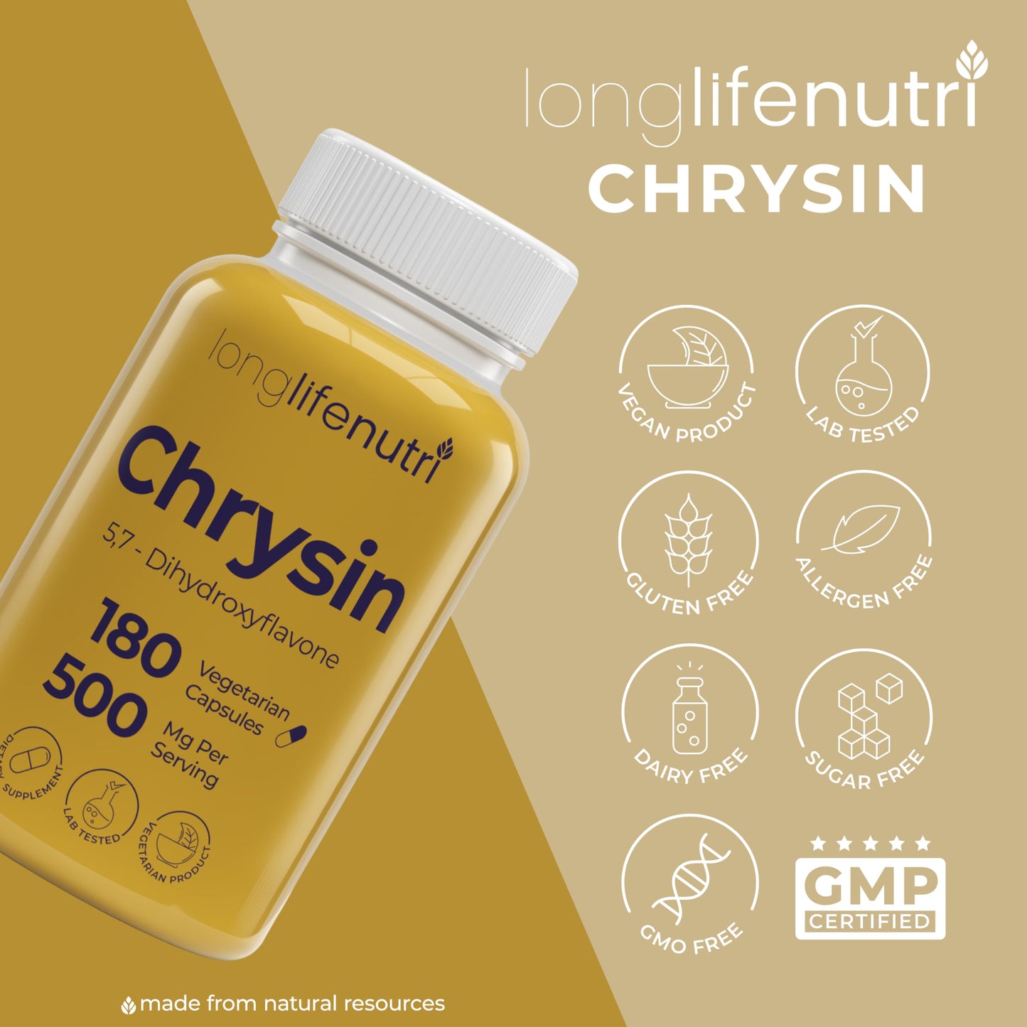 LongLifeNutri Chrysin 500mg Capsules, 180 Count