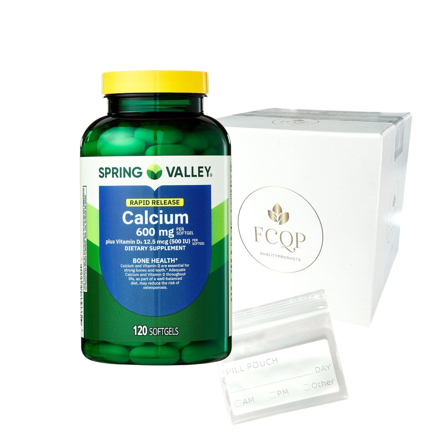 FCQP Calcium 600 mg Plus Vitamin D3 12.5 mcg, Bone Health Dietary Supplement, Capsules, 120 Count