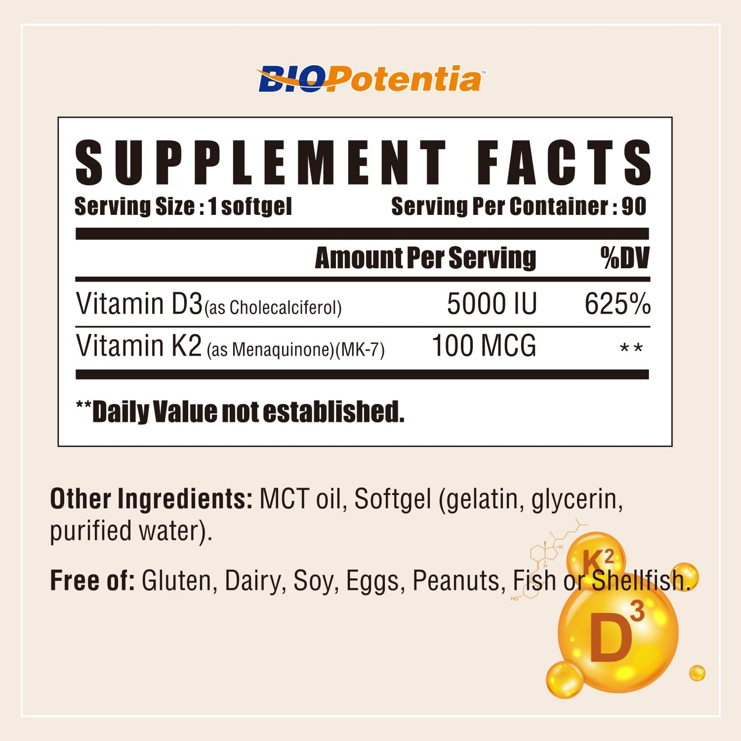 BIO POTENTIA Vitamin D3 K2 (MK7) Softgel Supplement with MCT Oil, 90 Softgels