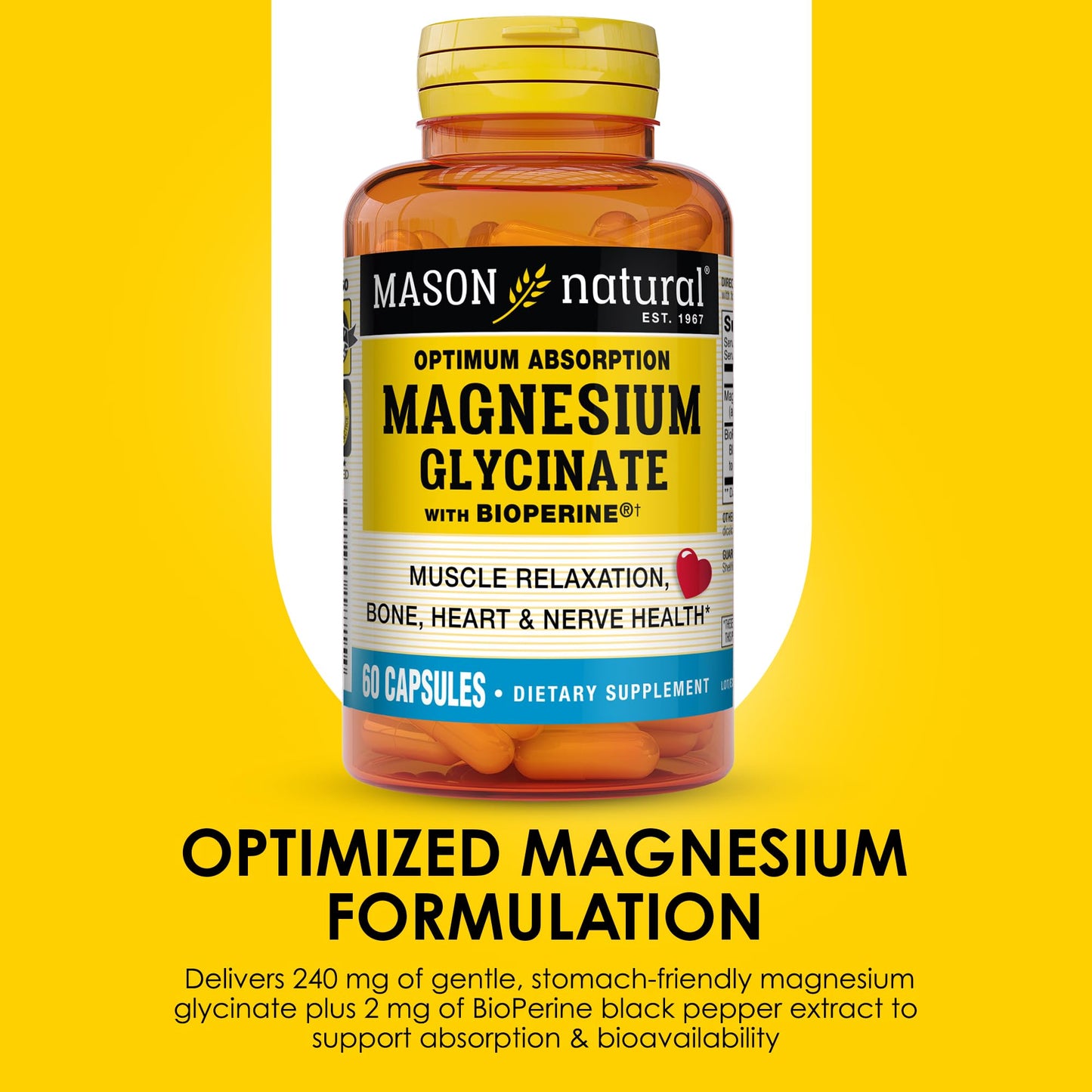Mason Natural Optimum Absorption Magnesium Glycinate with Bioperine 240 mg, 60 Capsules