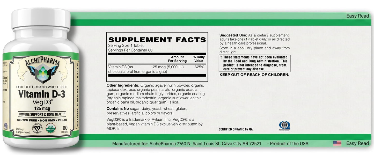 AlchePharma Vitamin D3 5,000 IU (125 mcg) Certified Organic Cholecalciferol from Algae, 60 Tablets