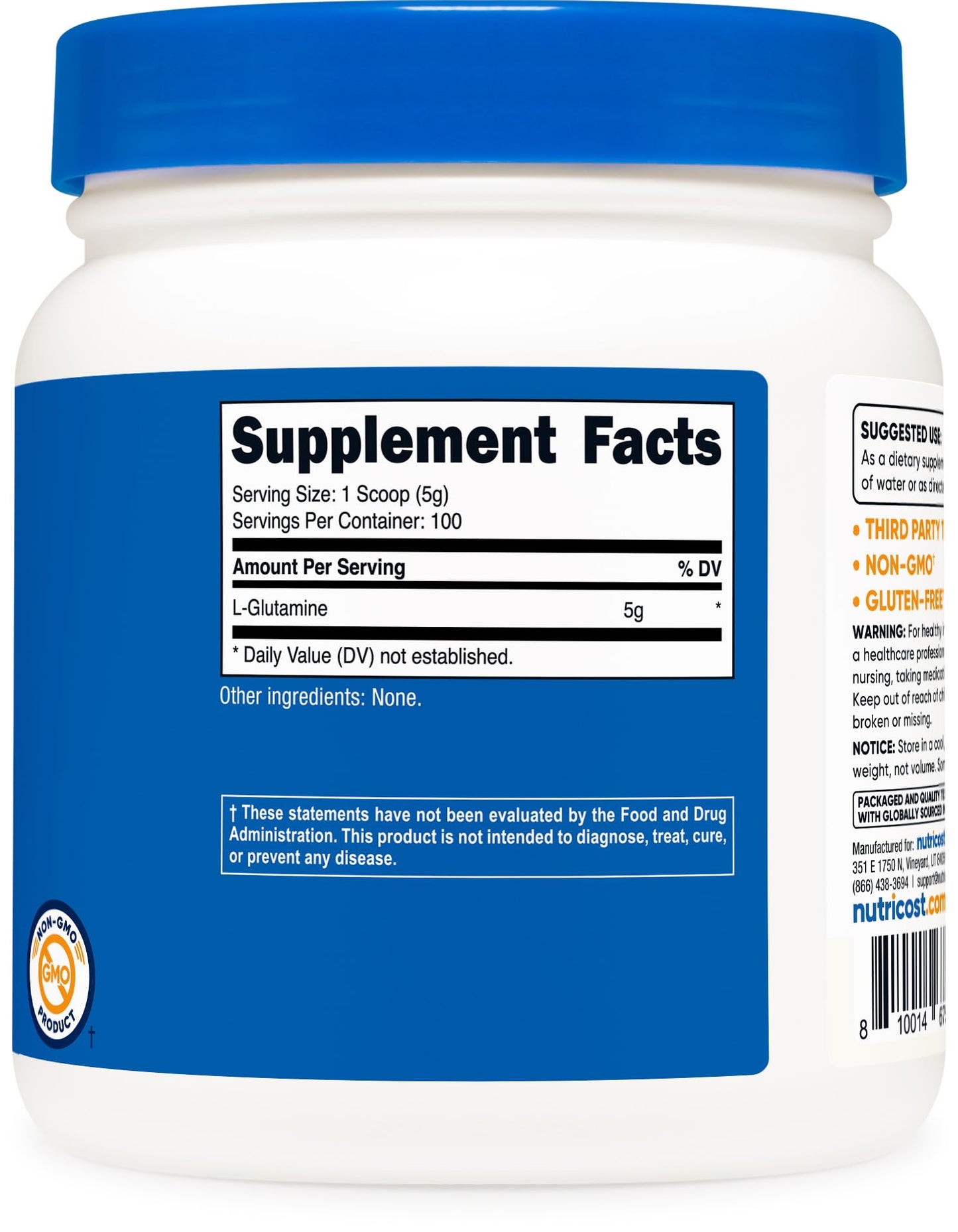 Nutricost L-Glutamine Powder 17.6 oz Unflavored GMO-Free
