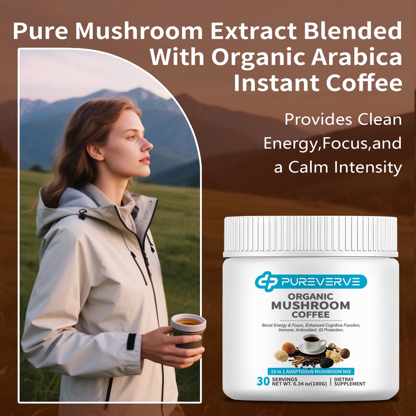 Pureverve Organic Mushroom Coffee Instant Powder, 10 Mushroom Powder Blend, 6.34 Ounce