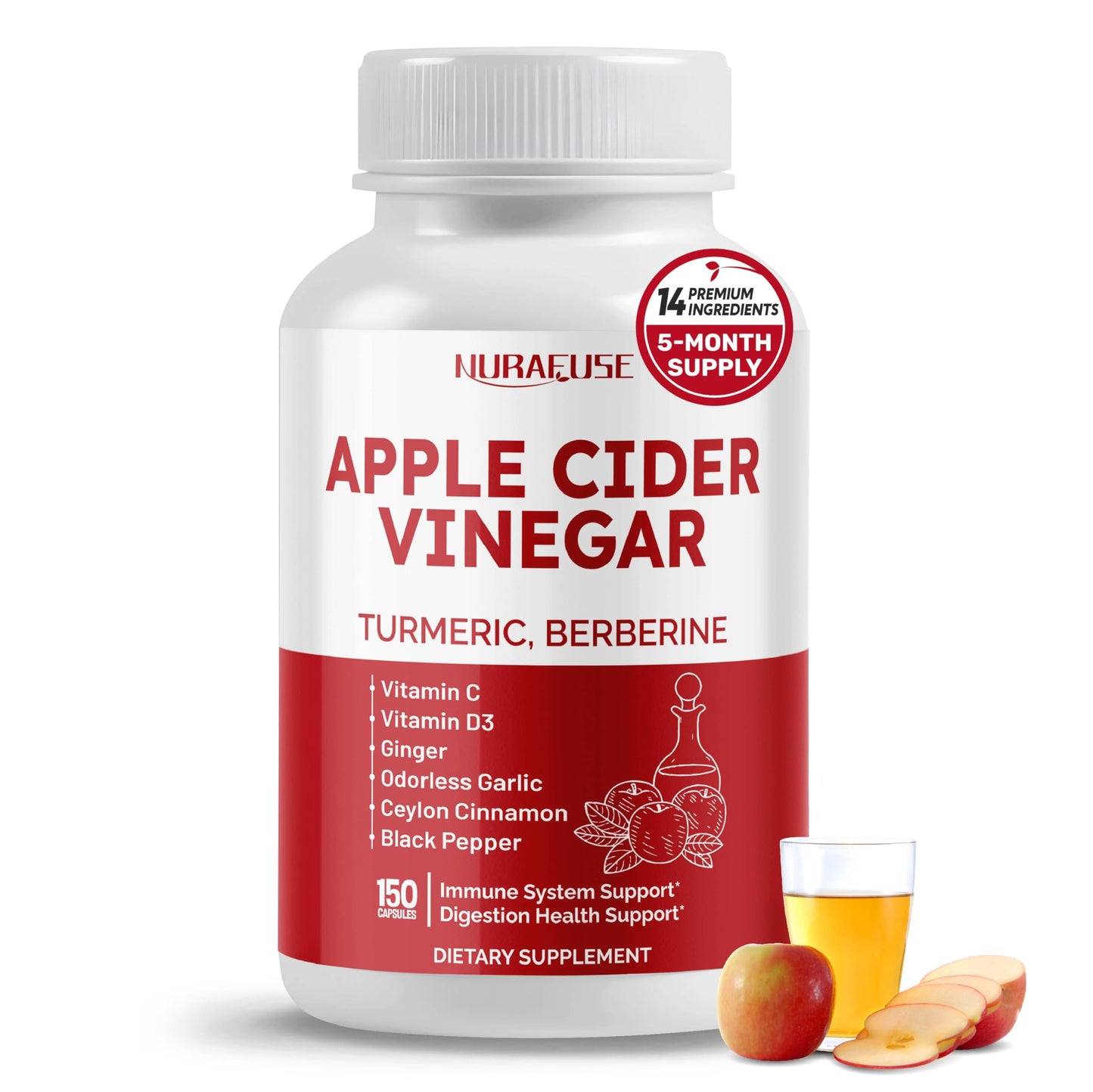 NURAFUSE Apple Cider Vinegar 14-in-1 Supplement Capsule with Turmeric, Ginger, Garlic, Cinnamon, Fenugreek, Blueberry, Milk Thistle, Banaba, 150 Count