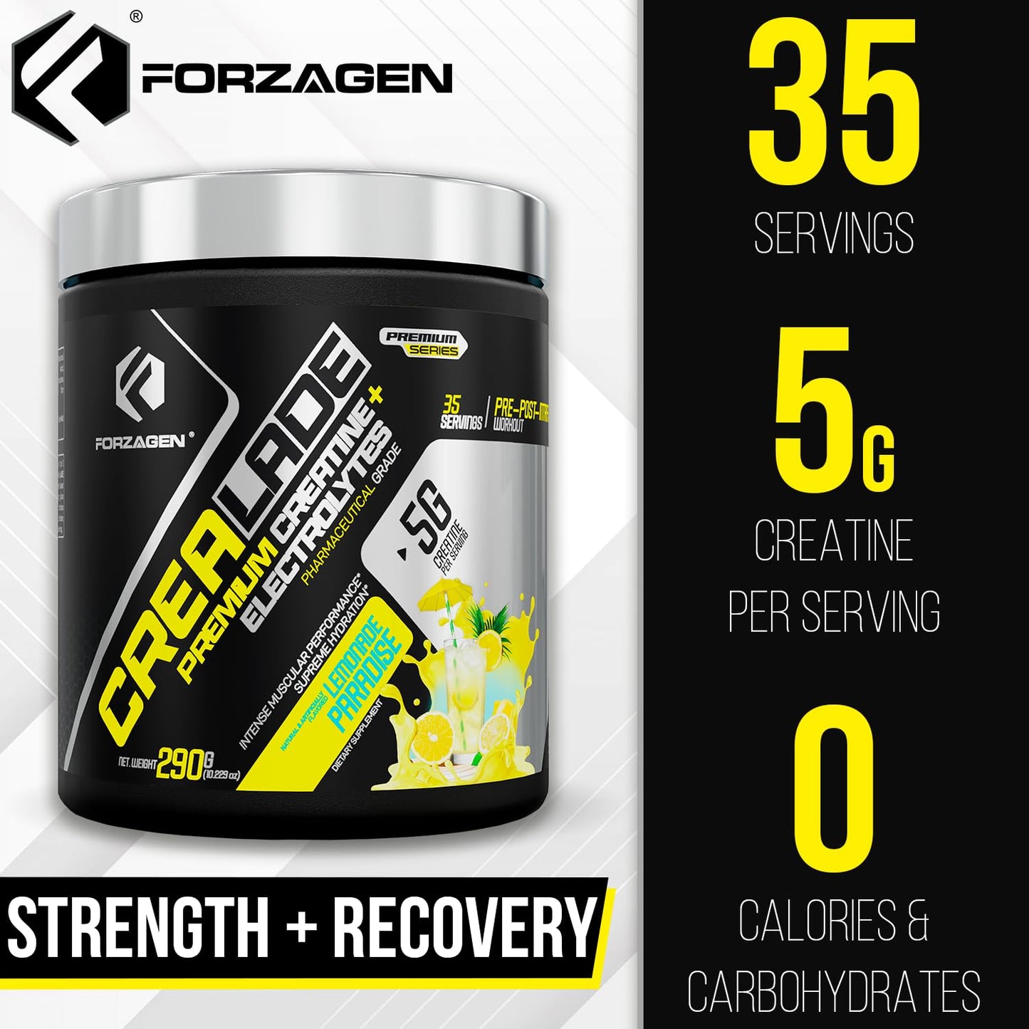 Forzagen CREA-Lade Premium Creatine Monohydrate with Electrolytes Flavored Lemonade Paradise Powder 35 Servings