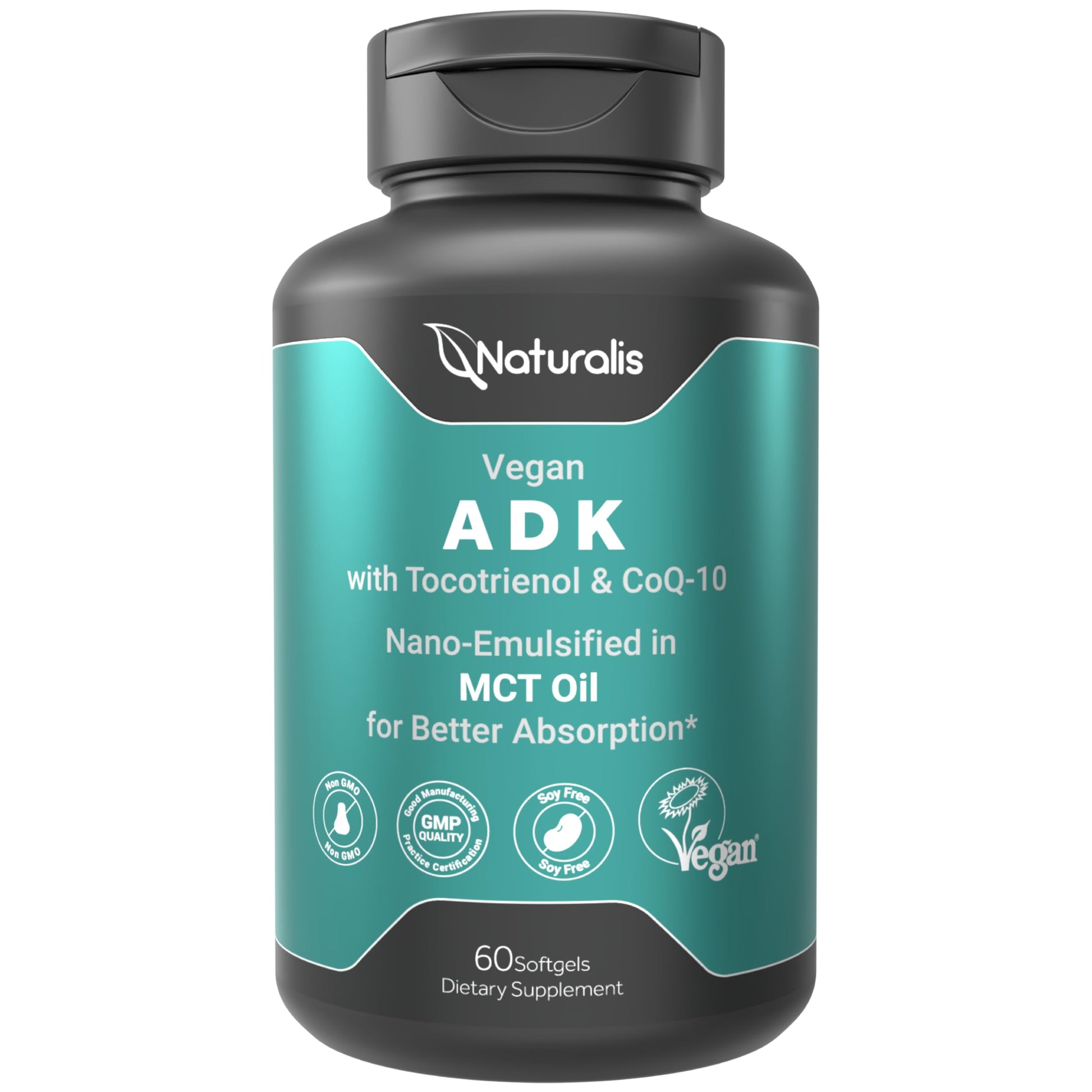 Naturalis Vegan Vitamin ADK with 50mg Tocotrienol and CoQ-10 Softgels, 60 Count