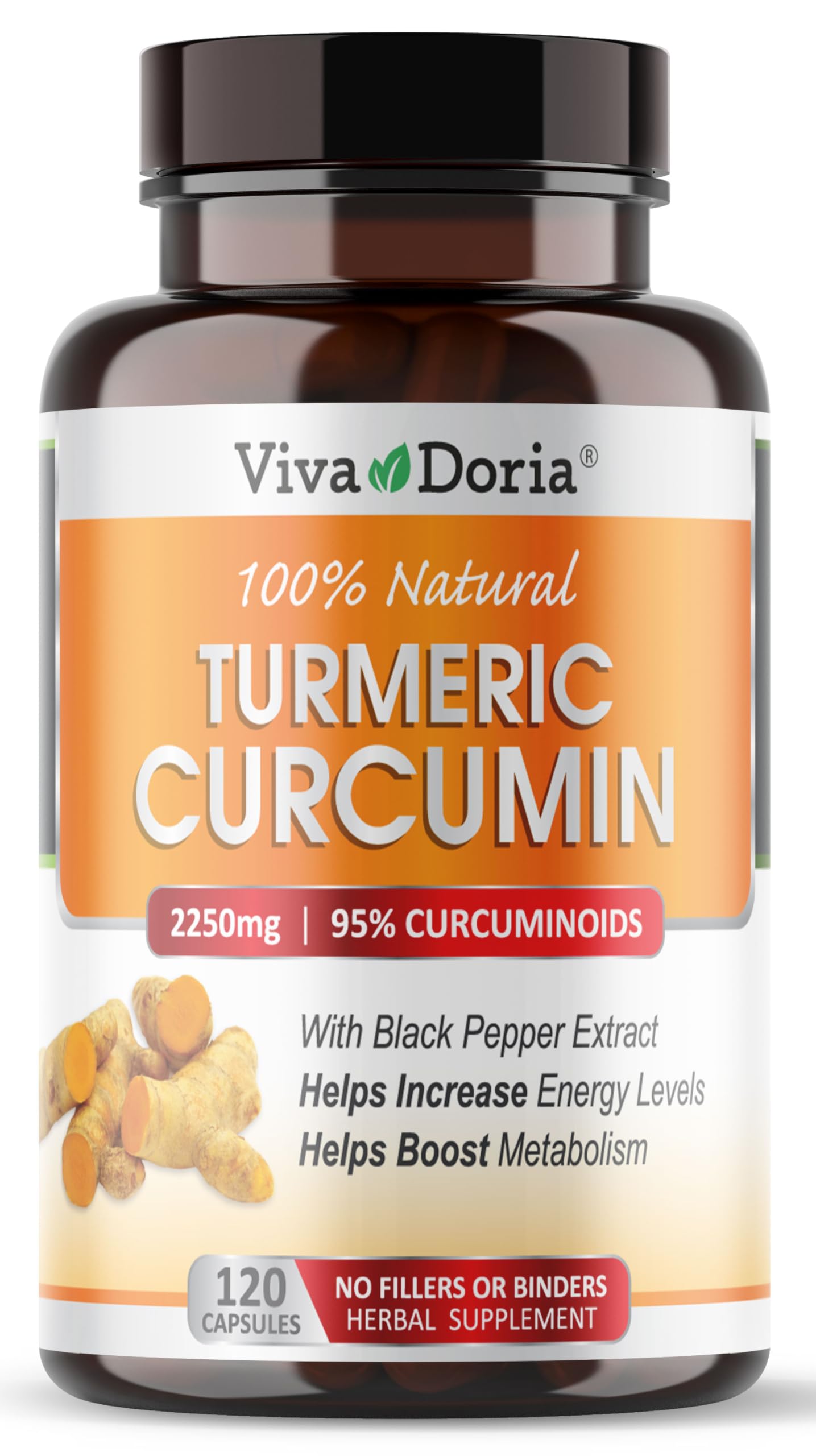 Viva Doria Turmeric Curcumin with Black Pepper Extract 2250mg, 95% Standardized Curcuminoids Capsules, 120 Count