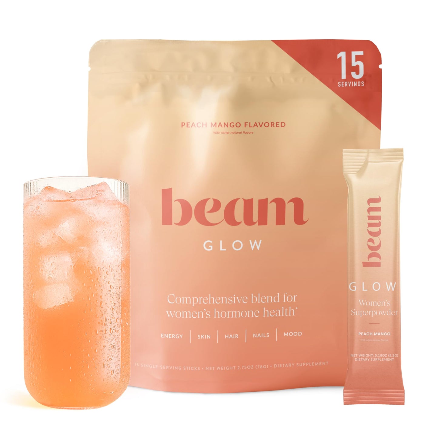 BEAM Glow Hormone Support & Cortisol Supplement for Women Peach Mango Powder, 15 Servings
