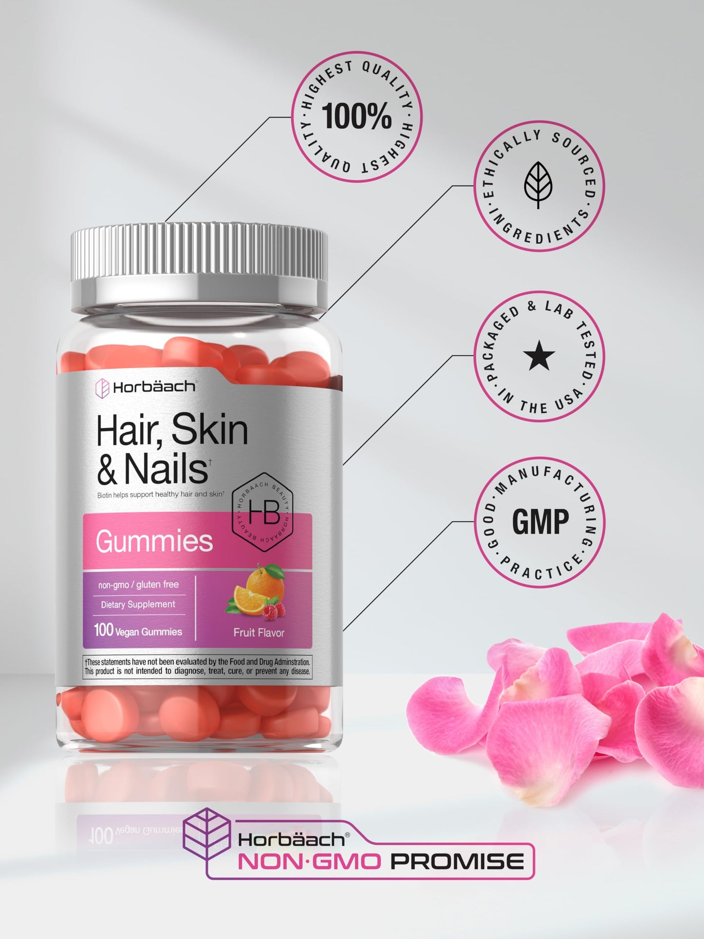 Horbäach Hair Skin and Nails Gummies, 100 Count, with Biotin, Non-GMO, Gluten Free