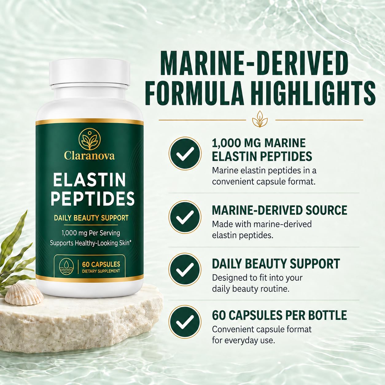 Claranova Elastin Peptides Daily Beauty Support Capsules, 60 Capsules