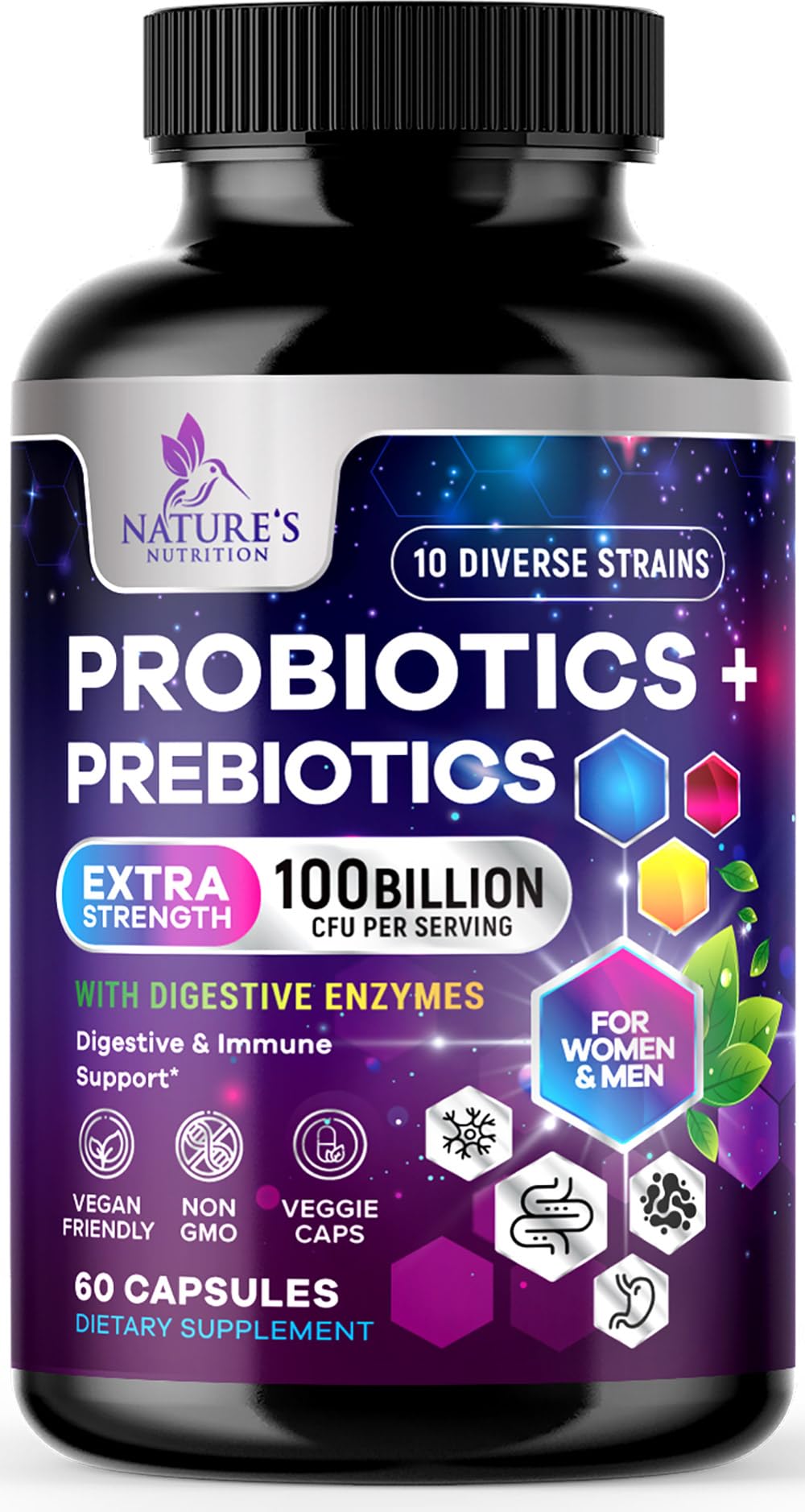 Nature's Nutrition Probiotics 100 Billion CFU Per Serving - 10 Premium Strains + Prebiotics - Best Probiotic Supplement for Women & Men - Supports Immune, Digestive Health, Occasional Constipation & Gas - Capsule, 60 Count