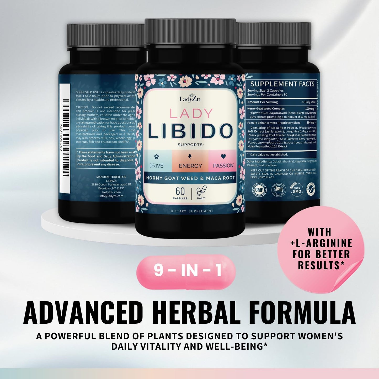 LadyZn Lady Libido Supplement for Women Capsules with Horny Goat Weed & Maca Root 60 Count
