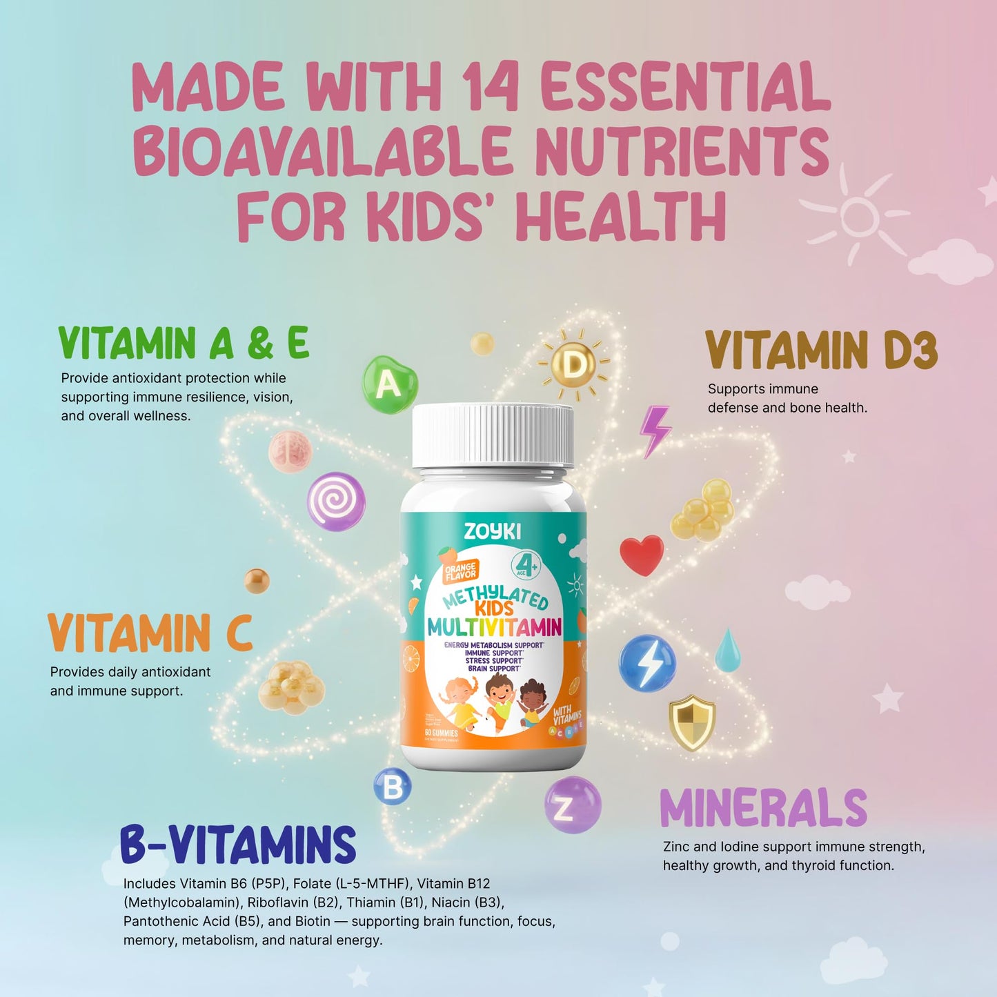 Zoyki Methylated Multivitamin Gummies for Kids with B Complex, 5-MTHF Folate (L-Methylfolate), 60 Count