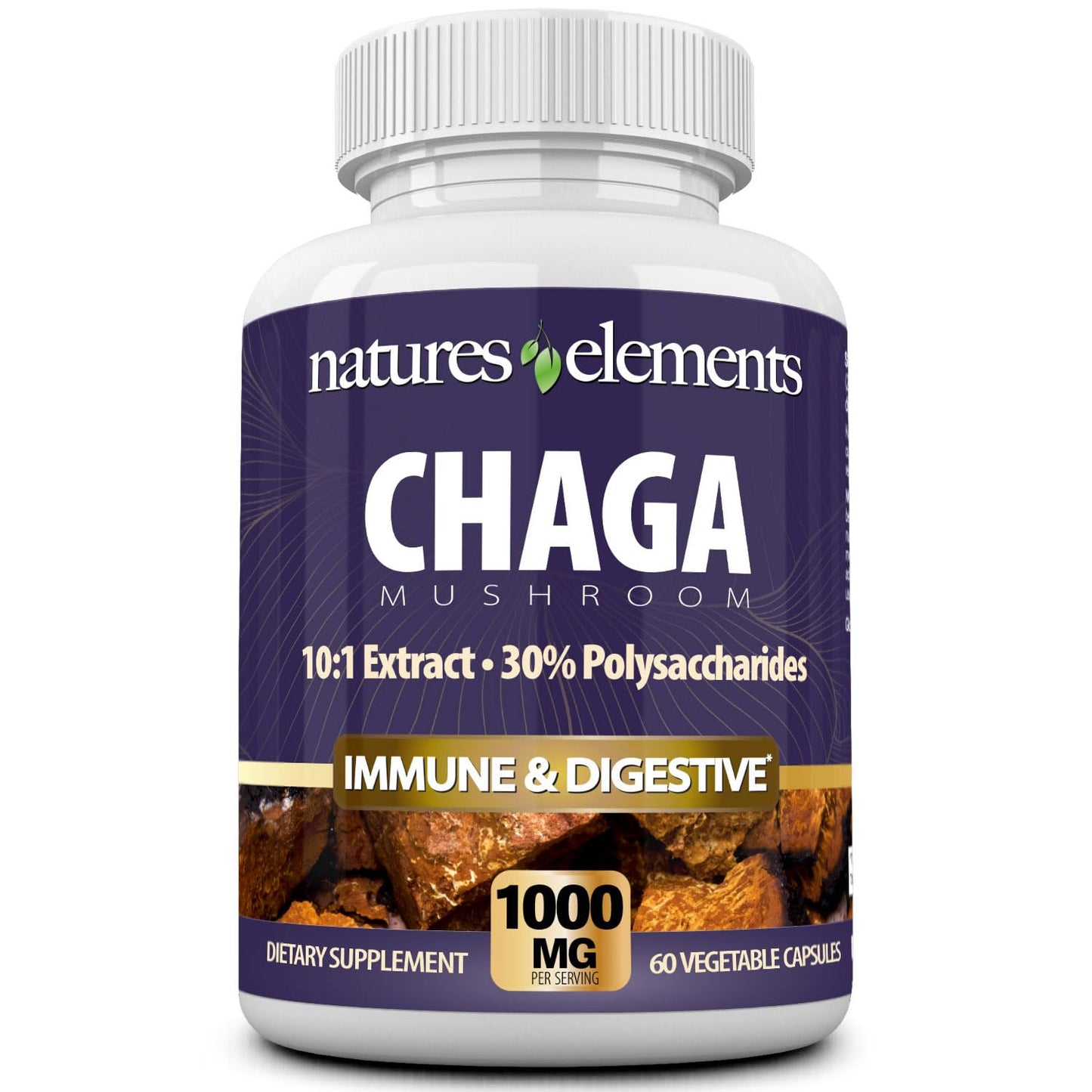 Natures Elements Chaga Mushroom – 10:1 Standardized Extract with 30% Polysaccharides – 1,000mg Per Serving – 60 Veggie Capsules – Supports Immune Health, Non-GMO, Gluten-Free