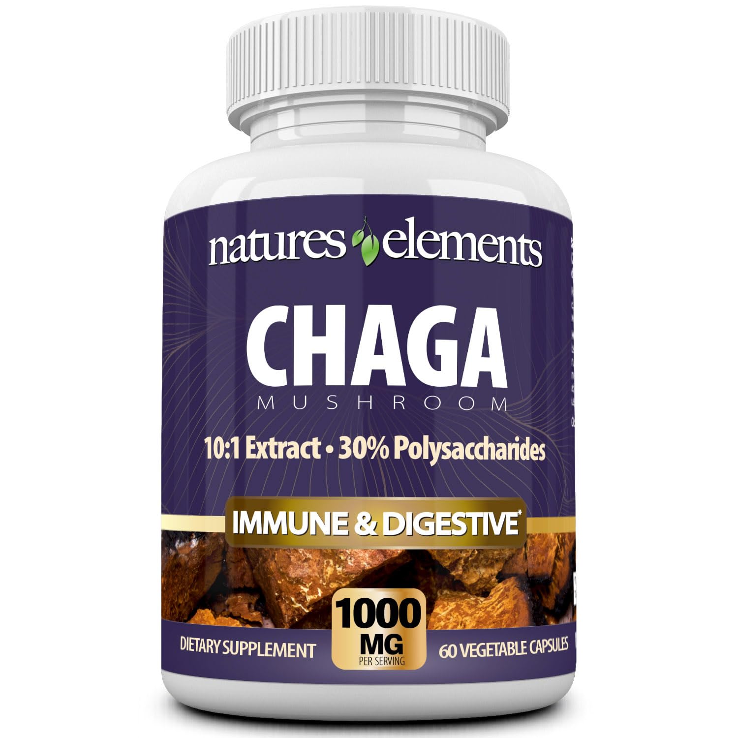 Natures Elements Chaga Mushroom – 10:1 Standardized Extract with 30% Polysaccharides – 1,000mg Per Serving – 60 Veggie Capsules – Supports Immune Health, Non-GMO, Gluten-Free