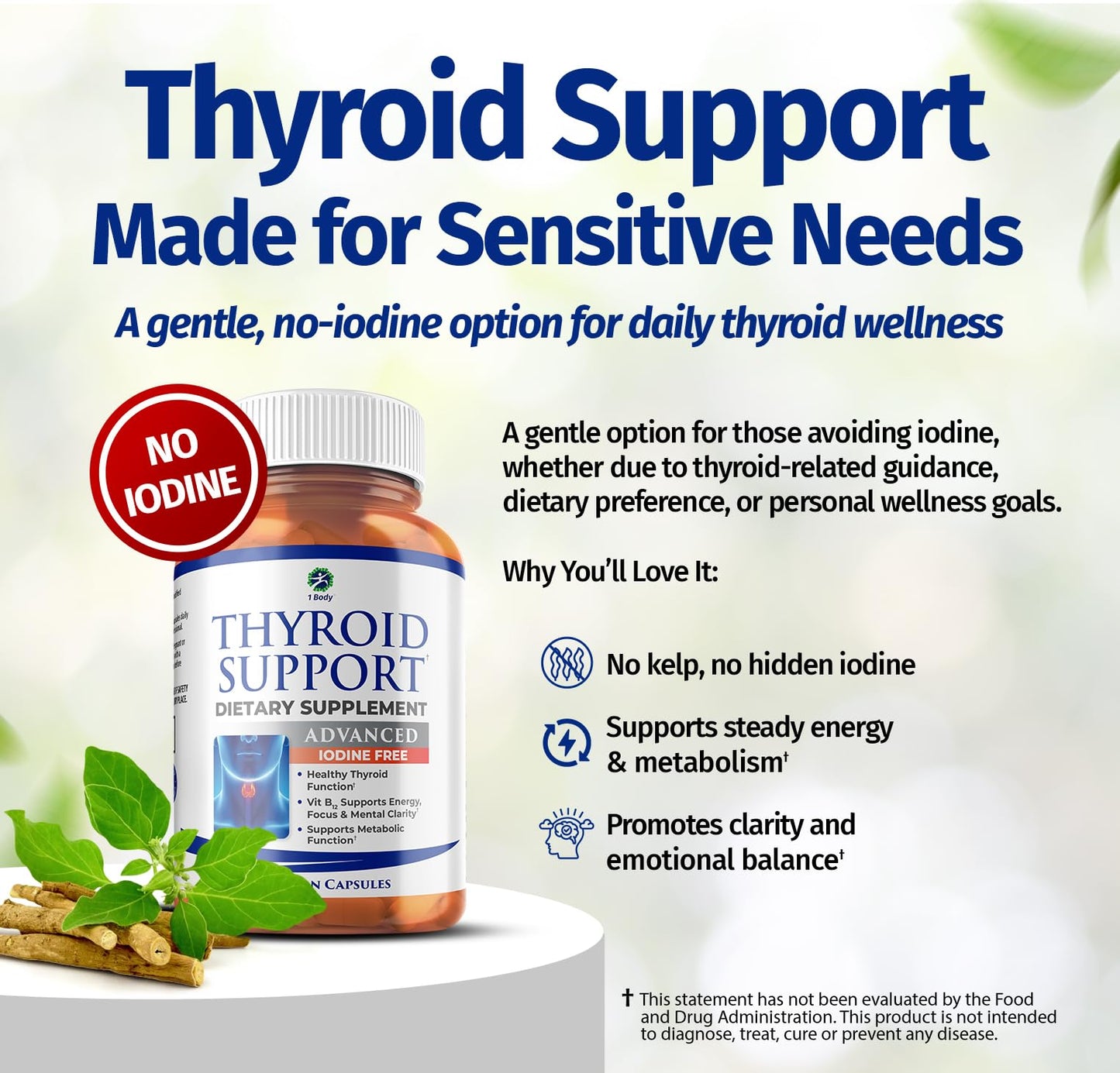 1 Body Thyroid Support for Women, Iodine Free Formula Capsules 60