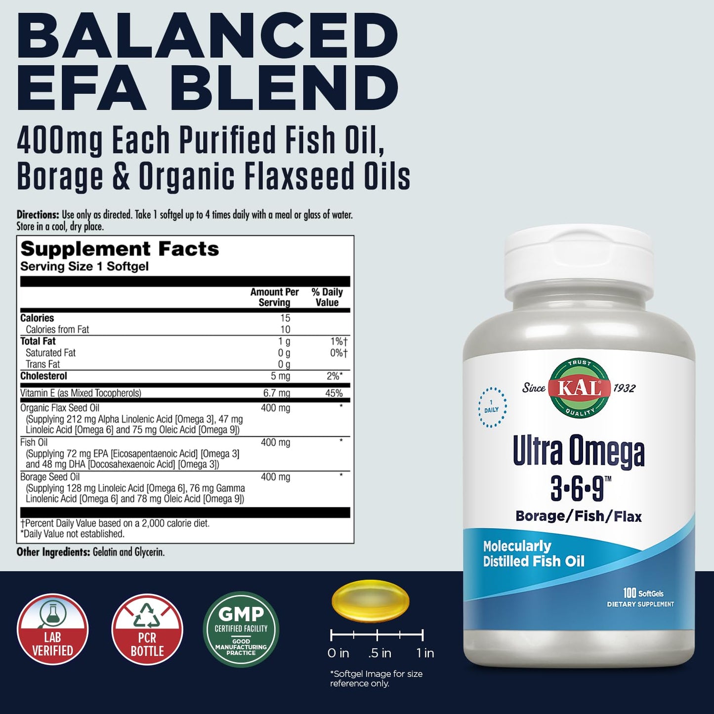 KAL Ultra Omega 3-6-9 1200mg Softgels, 100 Softgels