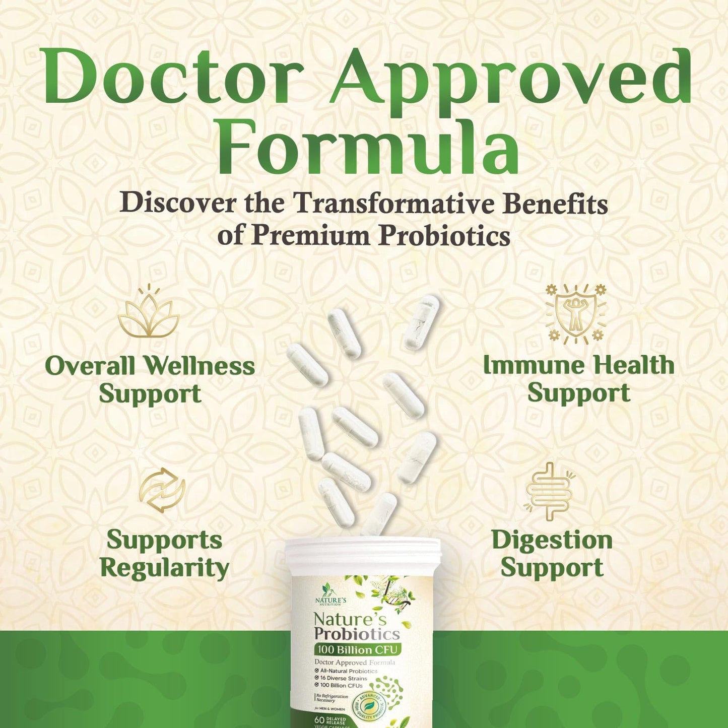 Nature's Nutrition Probiotics 100 Billion CFU Per Serving - 16 Premium Strains + Prebiotics - Probiotic Supplement for Adults - Supports Immune & Digestive Health & Occasional Constipation, 60 Capsules