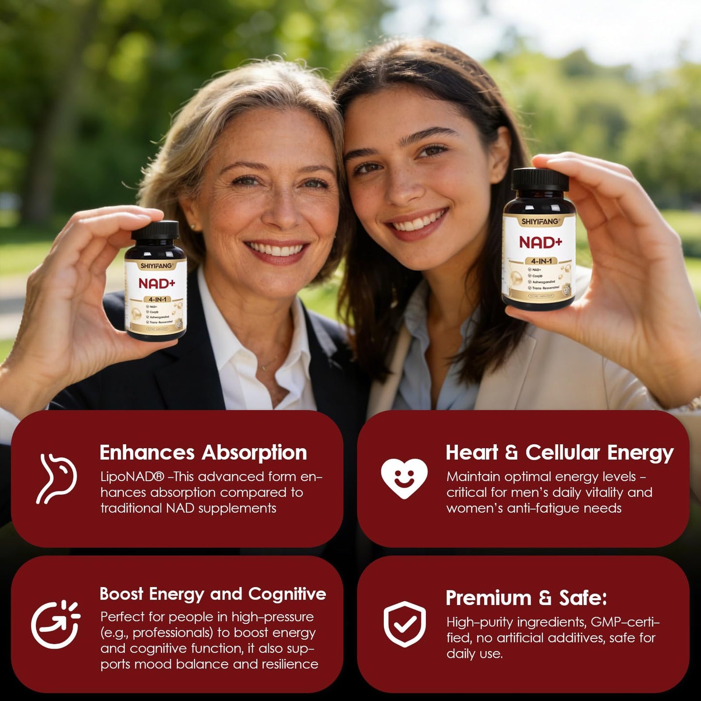 SHIYIFANG LipoNAD+ 600mg Complex with CoQ10 250mg, Trans Resveratrol 200mg, Ashwagandha 100mg, 120 Capsules