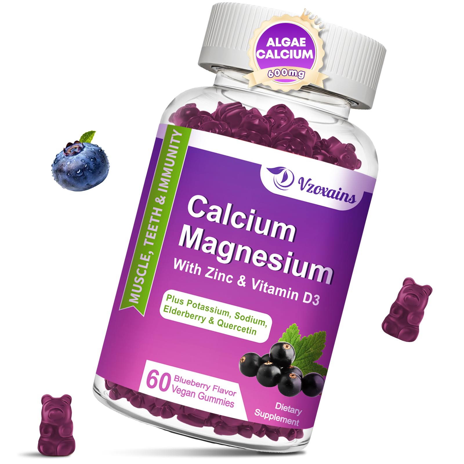 VZOXAINS Plant Based Calcium Gummies 600mg with Calcium Magnesium Zinc and Vitamin D3 for Bone Strength, Sugar Free Calcium Supplements for Women & Men, 60 Gummies