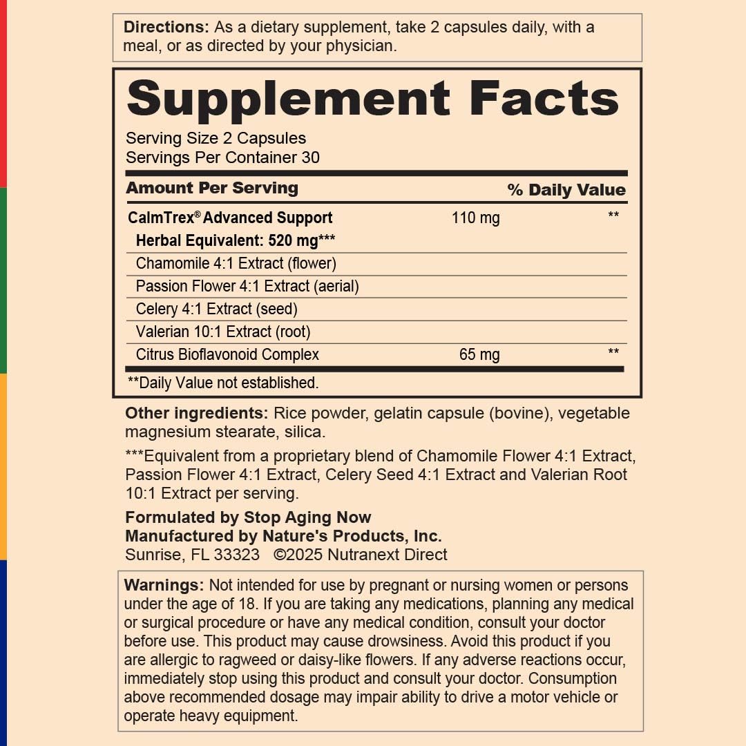 Stop Aging Now Stress Support Supplement CalmTrex with Chamomile and Passion Flower, 60 Capsules