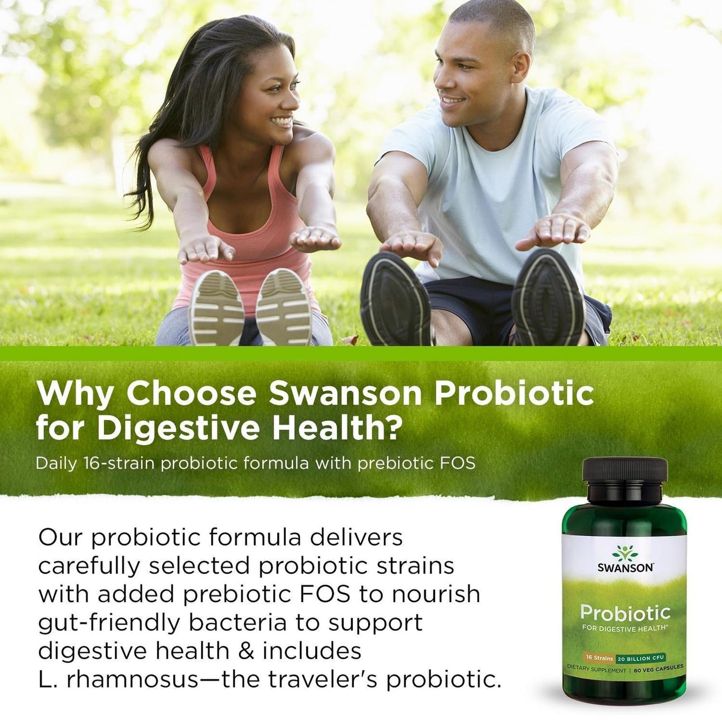 Swanson Probiotic for Digestive Health GI Tract Immune Support Travelers Support 20 Billion CFU with Prebiotic FOS 60 Veggie Capsules