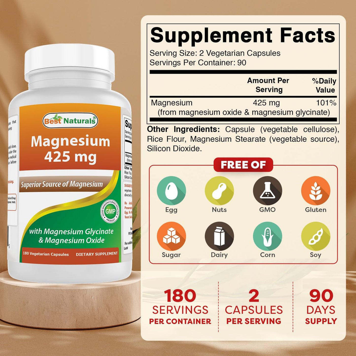 Best Naturals Magnesium 425 mg Capsule 180 Count
