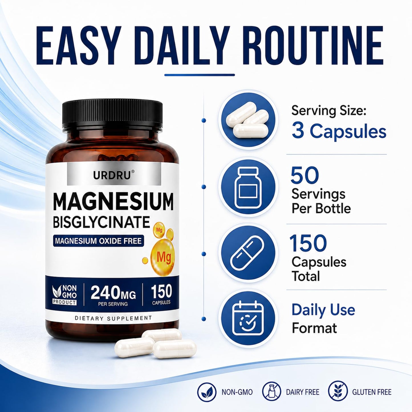 URDRU Magnesium Glycinate 2182mg 100% Chelated Magnesium Supplement Capsule, 150 Count