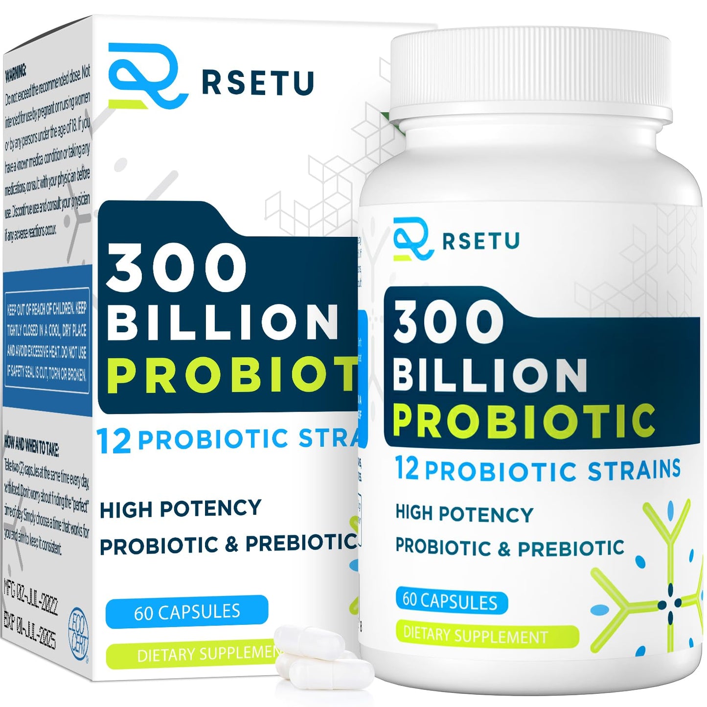 RSETU Probiotics for Women and Men Capsule, 60 Capsules, 300 Billion CFU High Potency + 12 Strains with Prebiotics