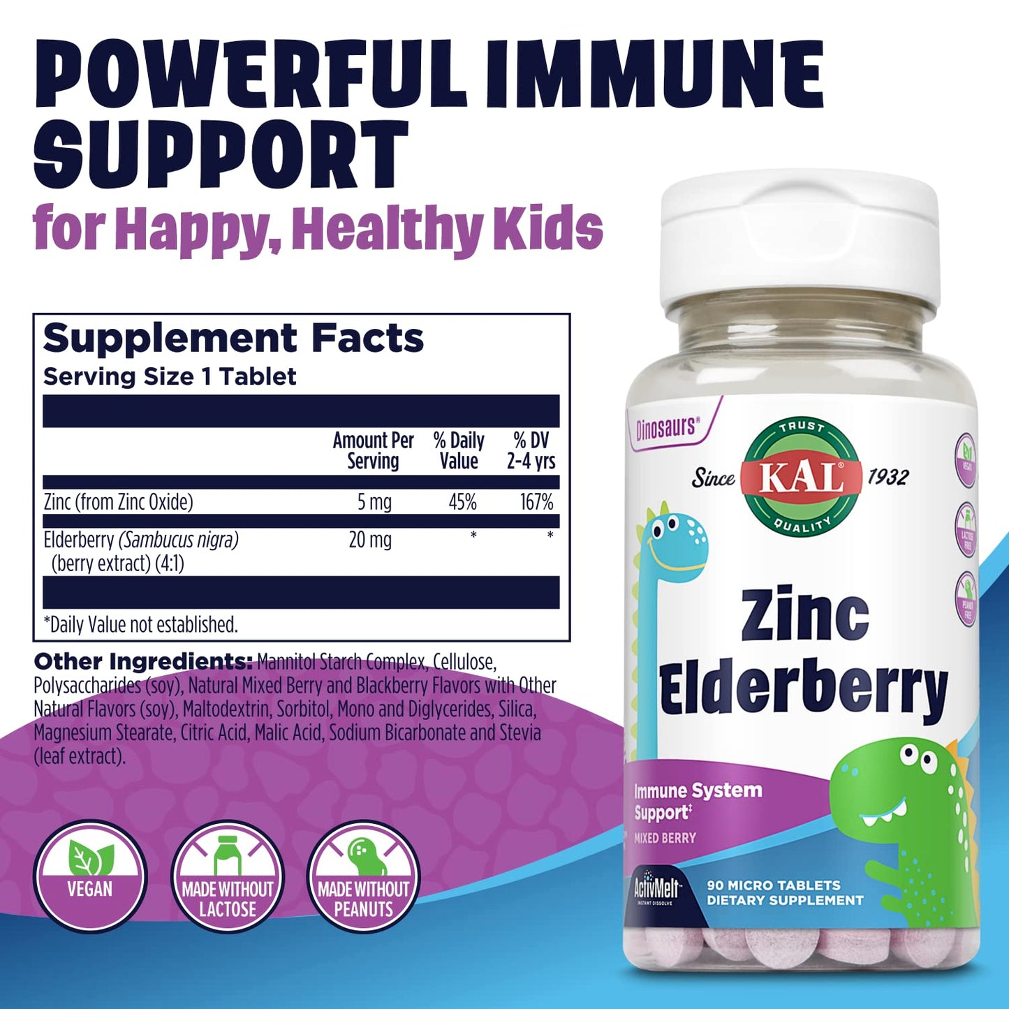 KAL Kids Zinc Elderberry Dinosaurs Immune Support Supplement, 90 Tablets