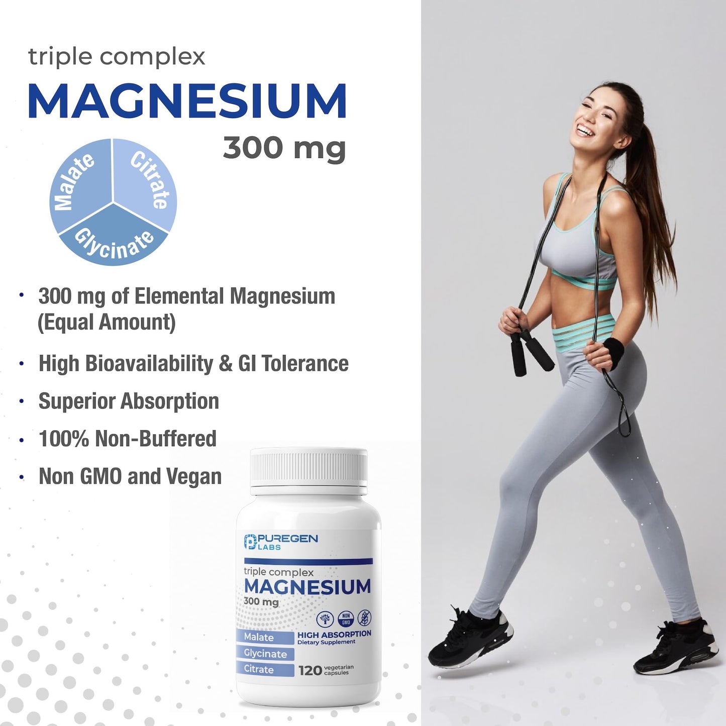 P Puregen Labs Triple Magnesium Complex 300mg Magnesium Glycinate, Malate & Citrate High Absorption Capsules, 120 Count
