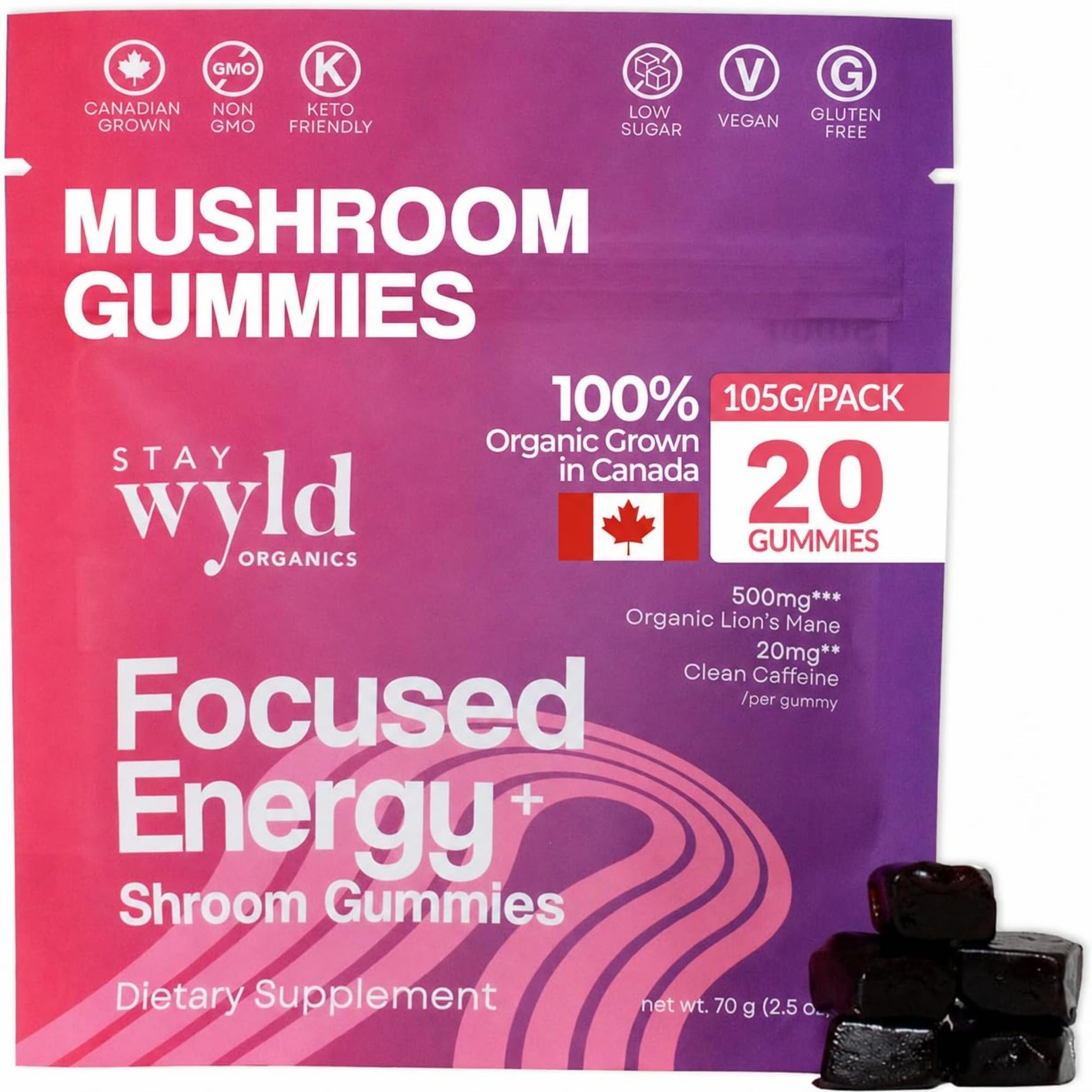 Stay Wyld Organics Focused Energy+ Mushroom Gummies, 20 Count